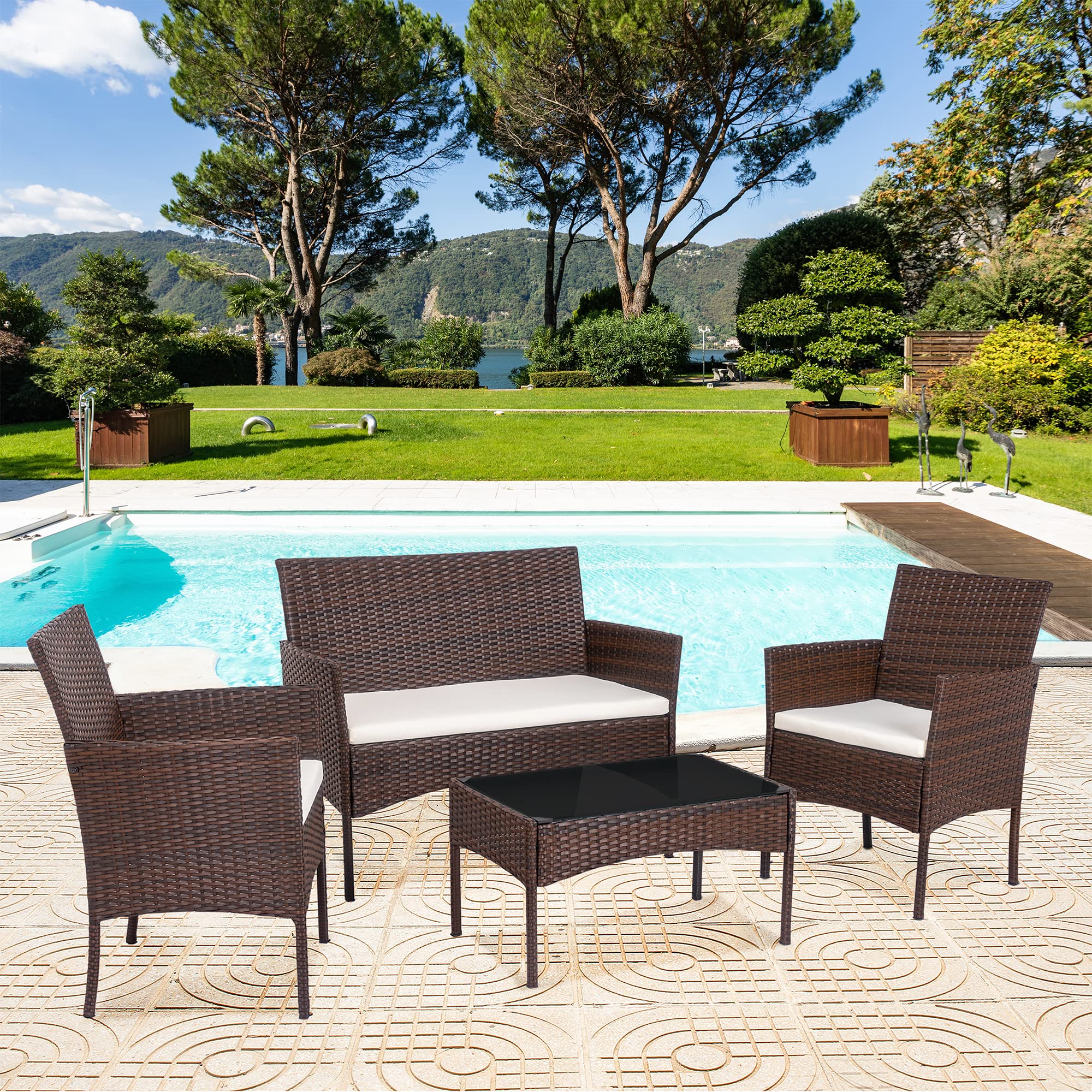 SUNLEI 4-Piece Outdoor Patio Furniture Set - Rattan Wicker Chairs & Coffee Table - Brown - Indoor/Outdoor Use for Backyard, Porch, Garden, Poolside & Balcony - Perfect for Relaxing & Entertaining Guests