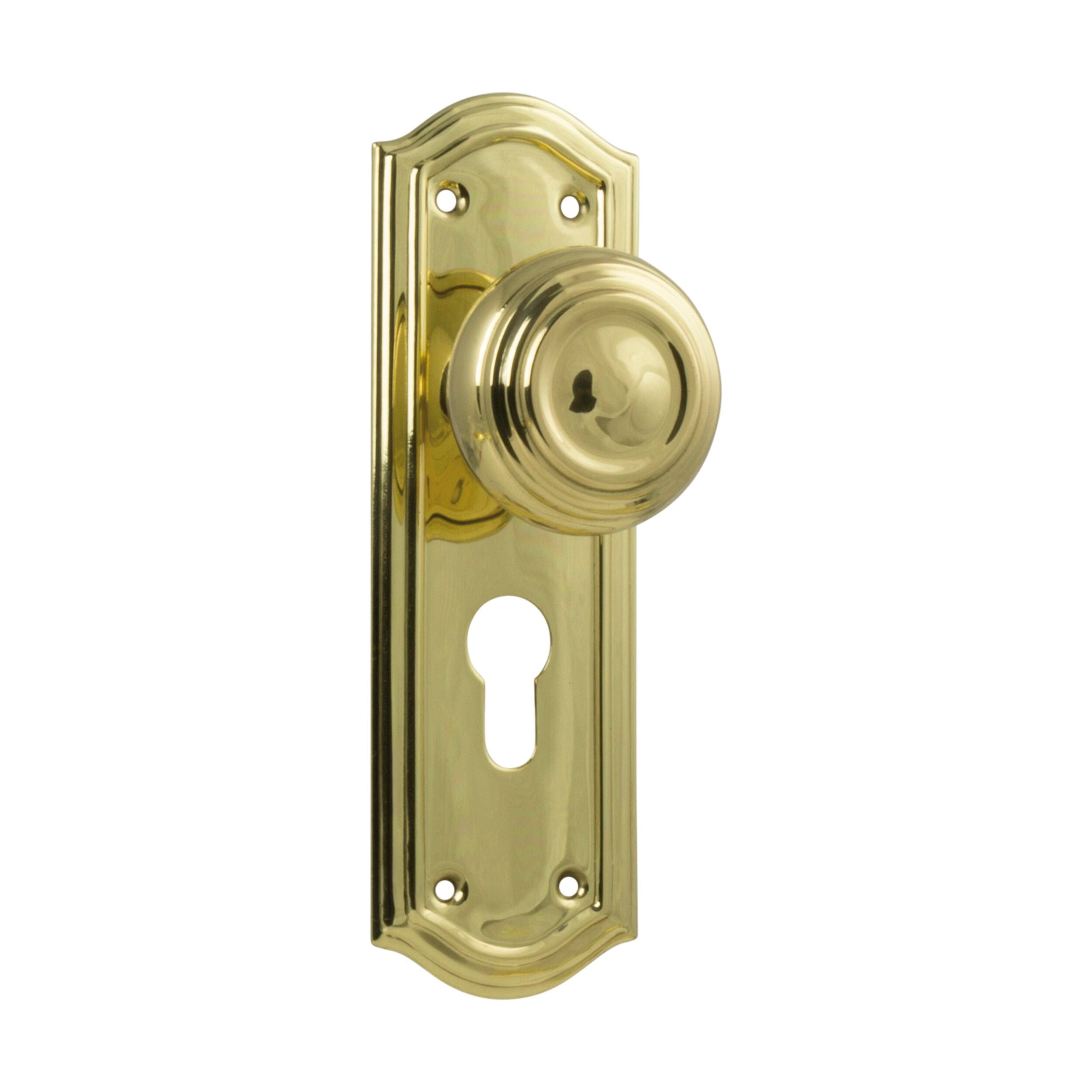 Kensington Euro 1072E Polished Brass Door Knob Pair - H175xP57xW58mm | Classic Interior Door Hardware for Bedroom, Bathroom & Office Doors