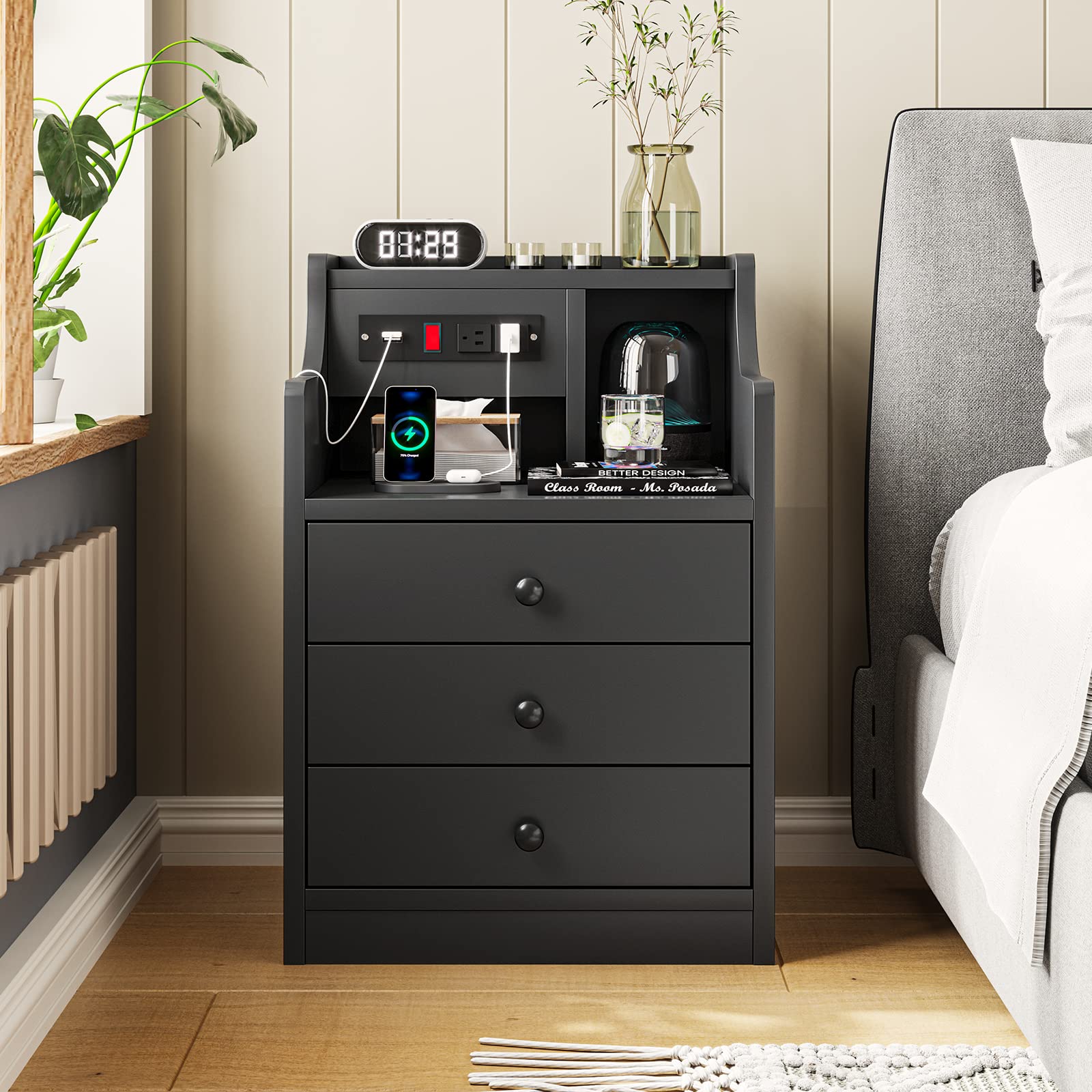 Tiptiper Black Nightstand with Charging Station - 3 Drawer Wooden Bedside Table with USB Ports & Outlet - Modern Bedroom Nightstand with Sliding Drawer & Hutch - Perfect for Small Spaces, Apartments and Dorm Rooms