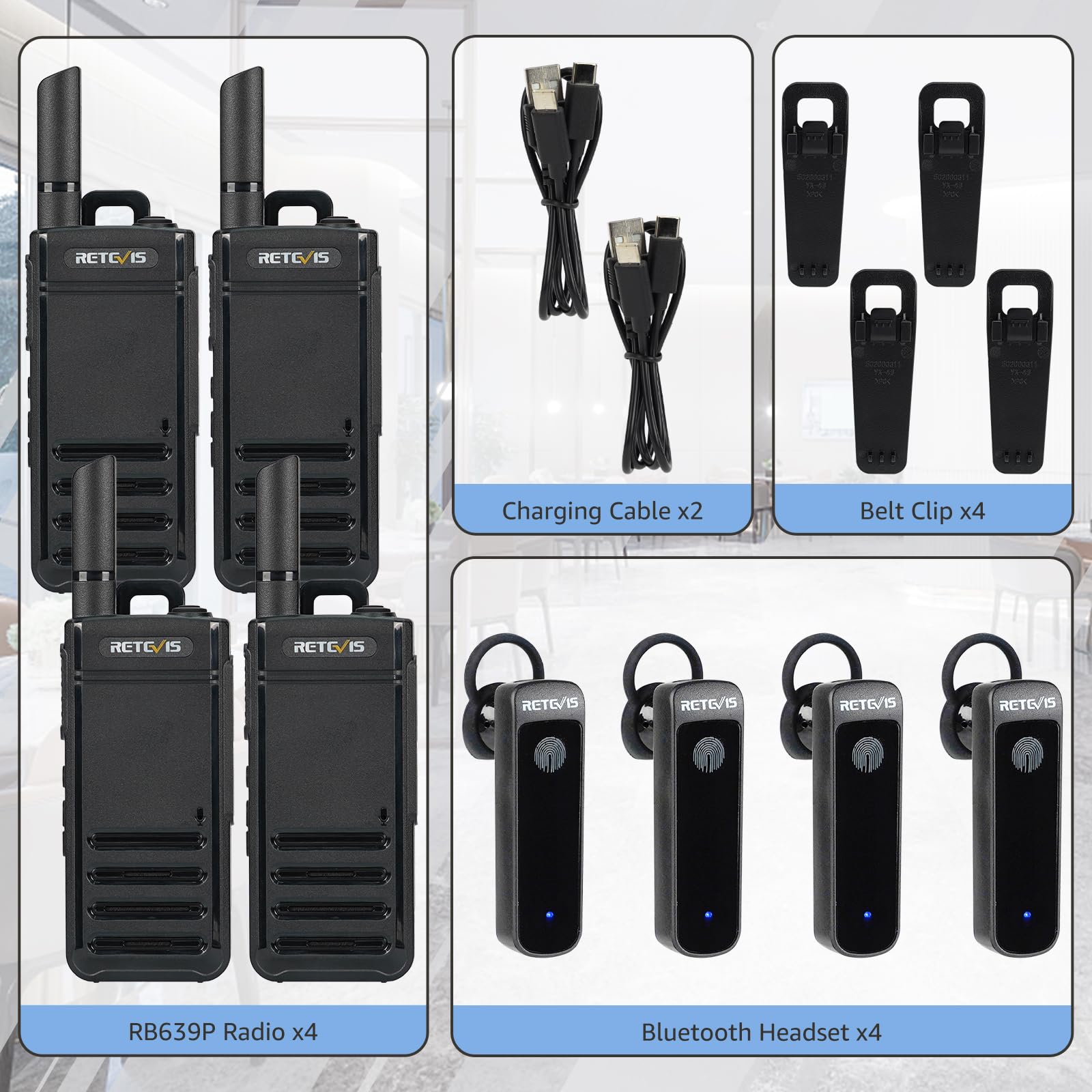 Retevis RB639P Professional Walkie Talkies for Adults - 4 Pack Wireless Two Way Radios with Earpieces, VOX Hands Free & USB-C Charging - PMR446 Business Radios for Restaurant, Hotel, Construction, Outdoor Activities (Black)