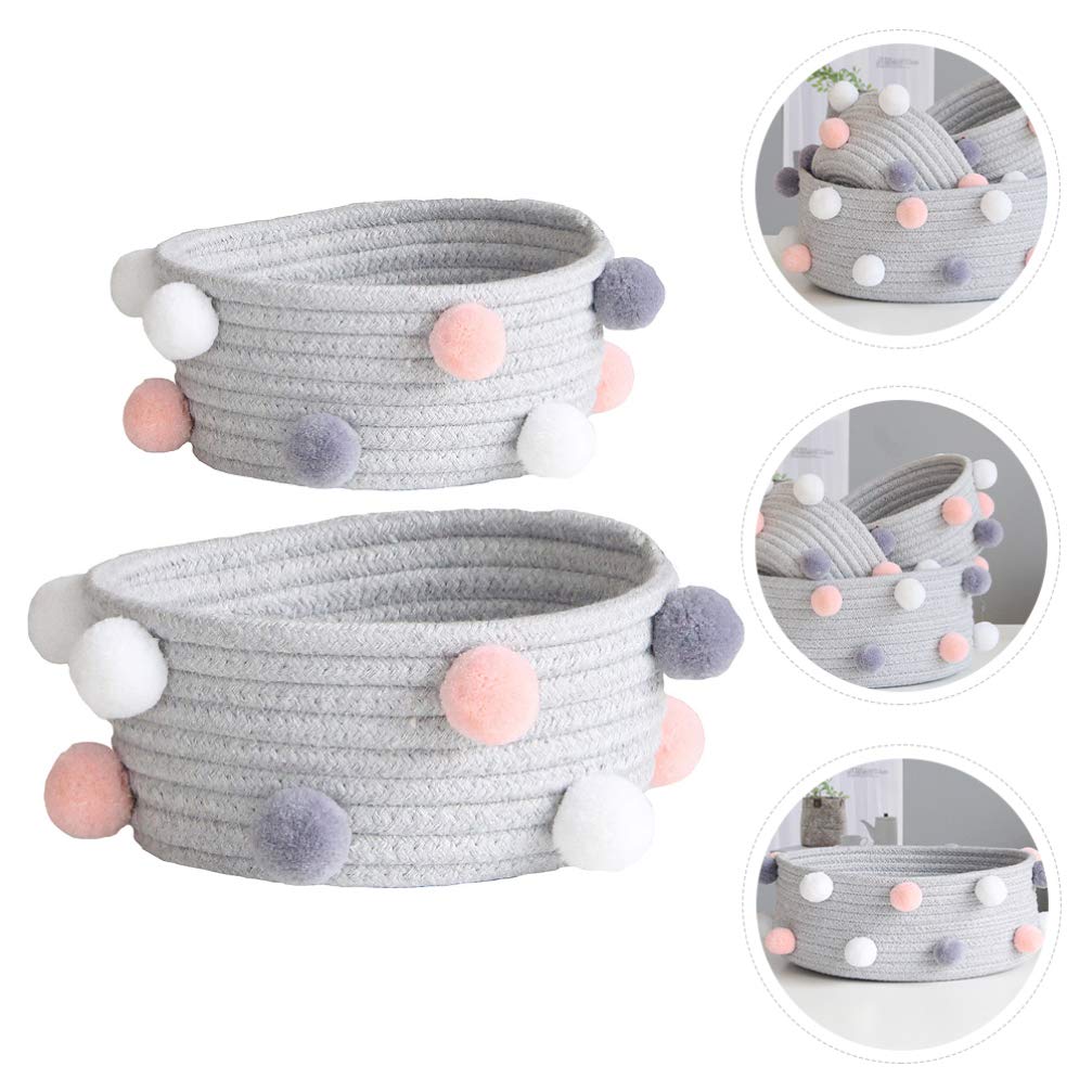 Cabilock 2-Piece Round Woven Pompom Basket Set - Small Fabric Storage Bins for Cosmetics, Clothes & Baby Items | Braided Plush Organizer for Closet, Nursery & Home Decor