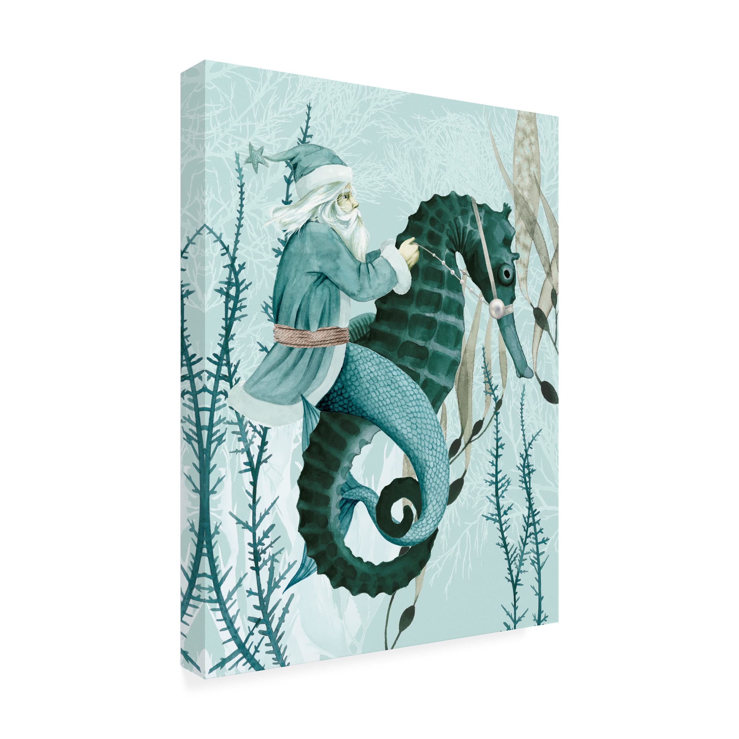 Grace Popp 'The Sea Santa I' Canvas Wall Art Print - Coastal Christmas Decor, Beach House Holiday Gift, Nautical Themed Living Room Painting