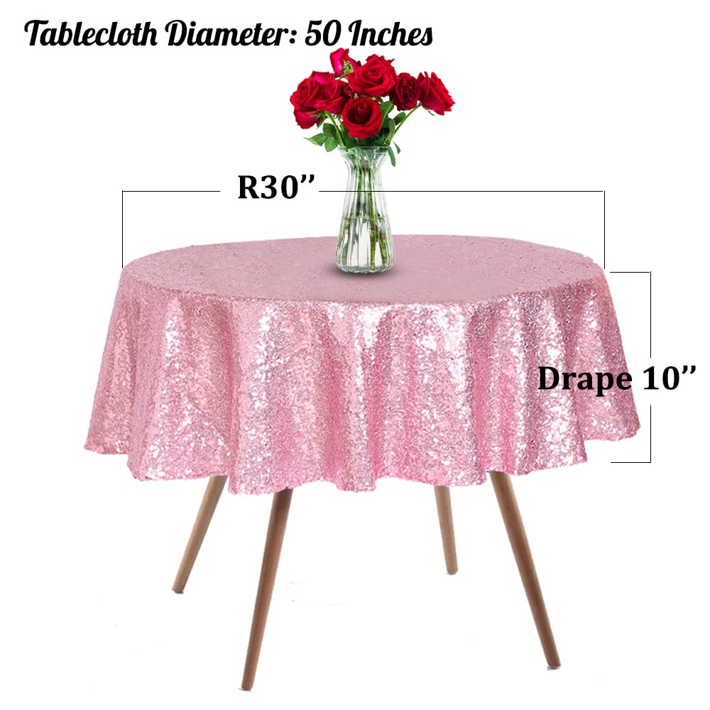 50 Inch Round Rose Pink Sequin Tablecloth - Sparkly Glitter Table Cover for Weddings, Bridal Showers, Birthdays & Prom Decorations | Perfect for Round Tables, Party Decor & Special Events