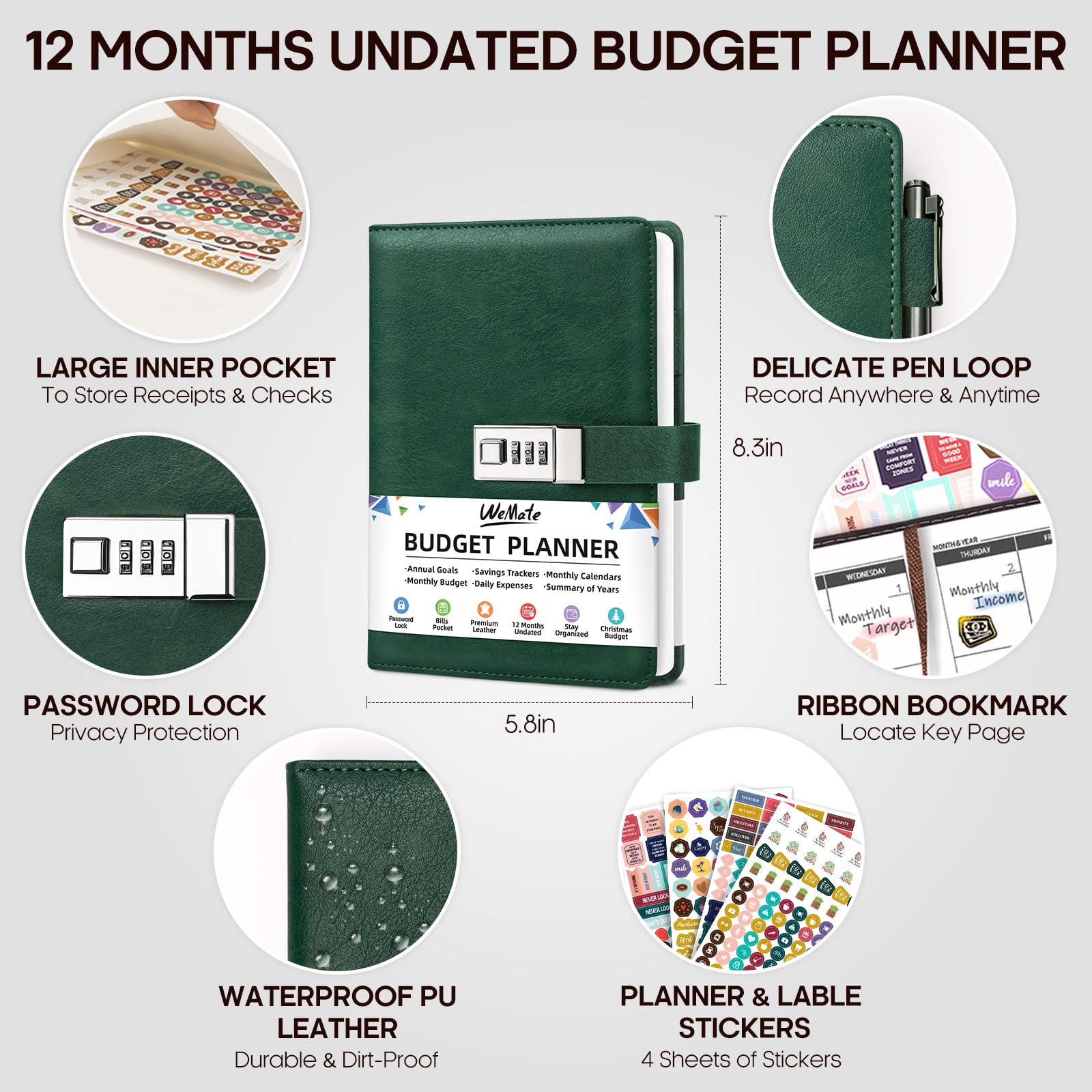 WEMATE 2025 Budget Planner with Lock - Monthly Expense Tracker Notebook & Undated Financial Organizer - A5 Leather Money Management Journal in Dark Green | Perfect for Personal Finance, Savings Goals & Household Budgeting