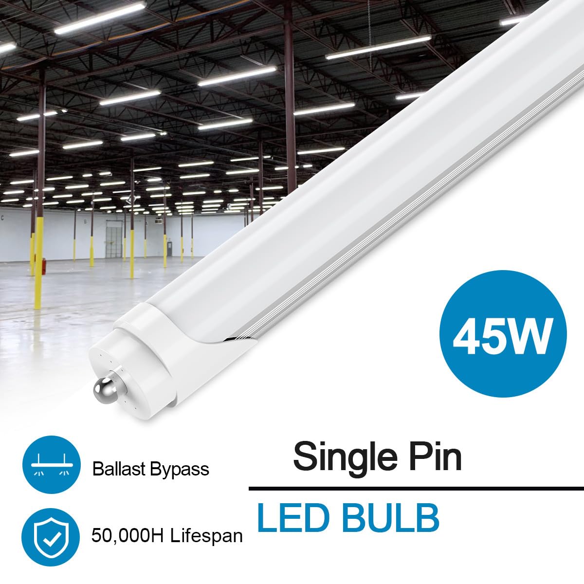 CNSUNWAY 8FT LED Bulbs - 45W 5400LM Super Bright Daylight 5000K - T8 T10 T12 LED Tube Lights with Frosted Cover - Ballast Bypass Fluorescent Replacement (25 Pack) - Perfect for Offices, Warehouses & Garages