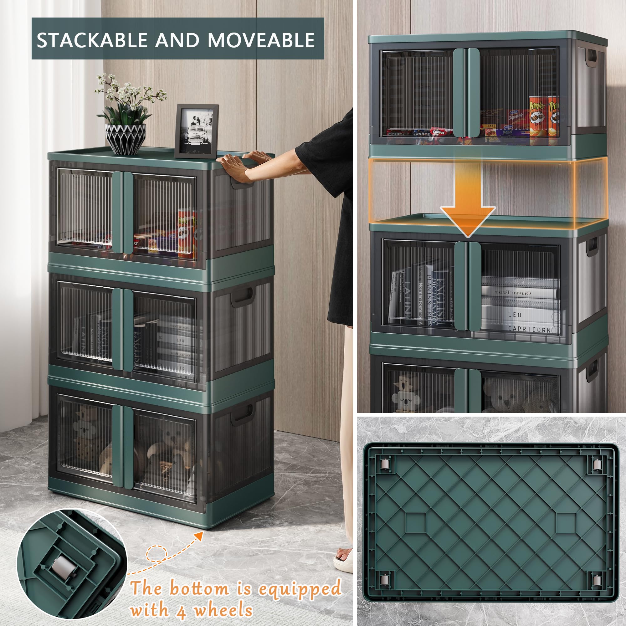 8.4 Gallon Collapsible Storage Bins with Lids - 4 Pack Stackable Plastic Storage Cabinet with Doors & Wheels for Home Organization | Space-Saving Solution for Closet, Garage, Office & Kids Room Storage Needs