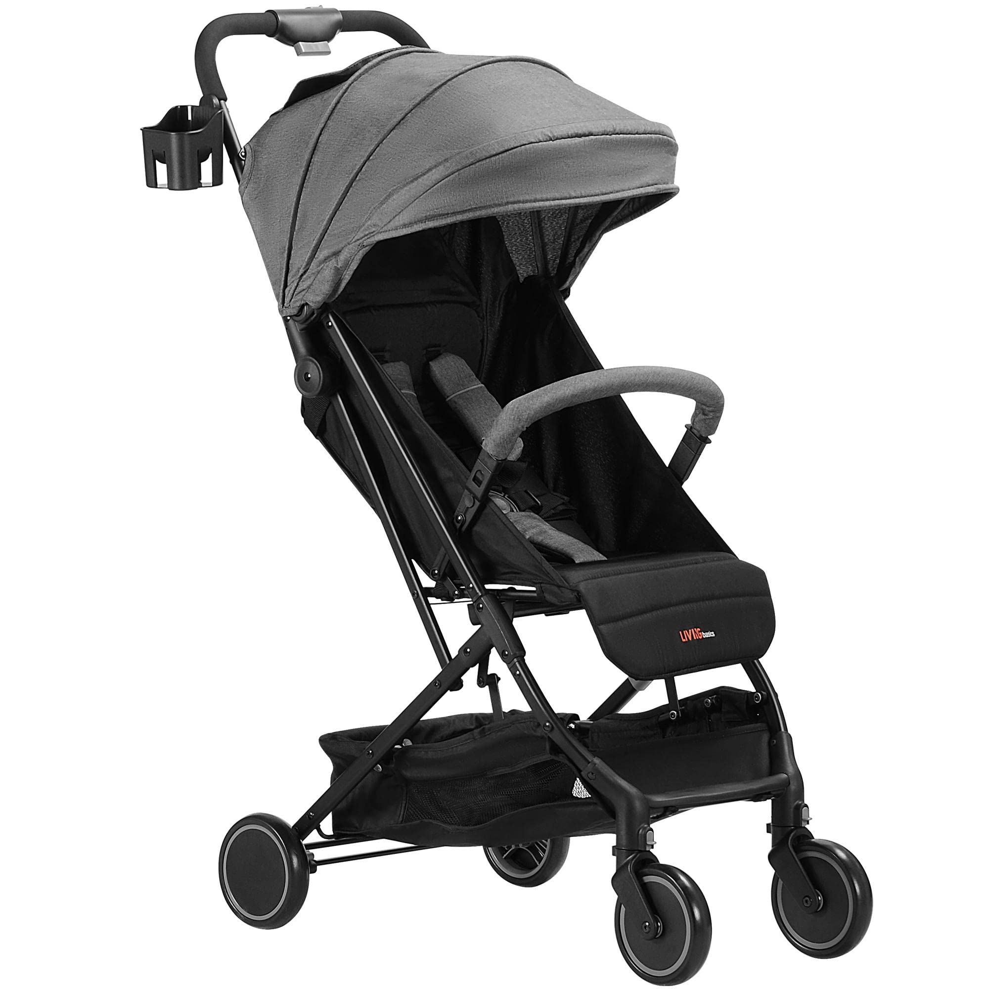 Lightweight Foldable Baby Stroller with Pop-Out Sun Visor | Compact Travel Stroller for Infants & Toddlers | Perfect for Airports, Shopping & Outdoor Walks - LIVINGbasics (Grey)
