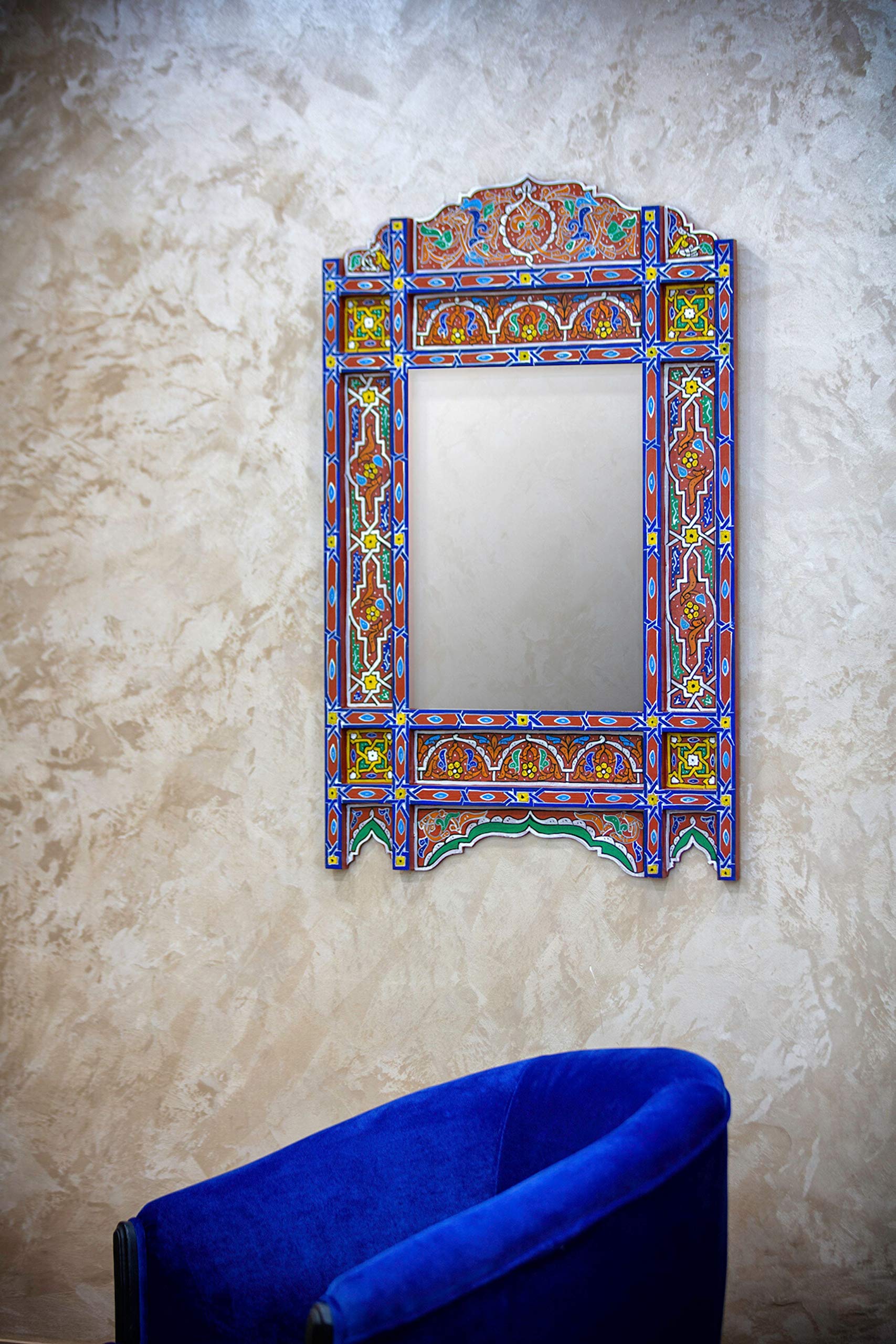 Handcrafted Moroccan Mirror Frame - Farmhouse Arch Mirror with Large Wooden Design for Rustic Bathroom Decor | Red Brick & Blue Rectangular Hanging Wall Mirror for Living Room, Bedroom, or Entryway