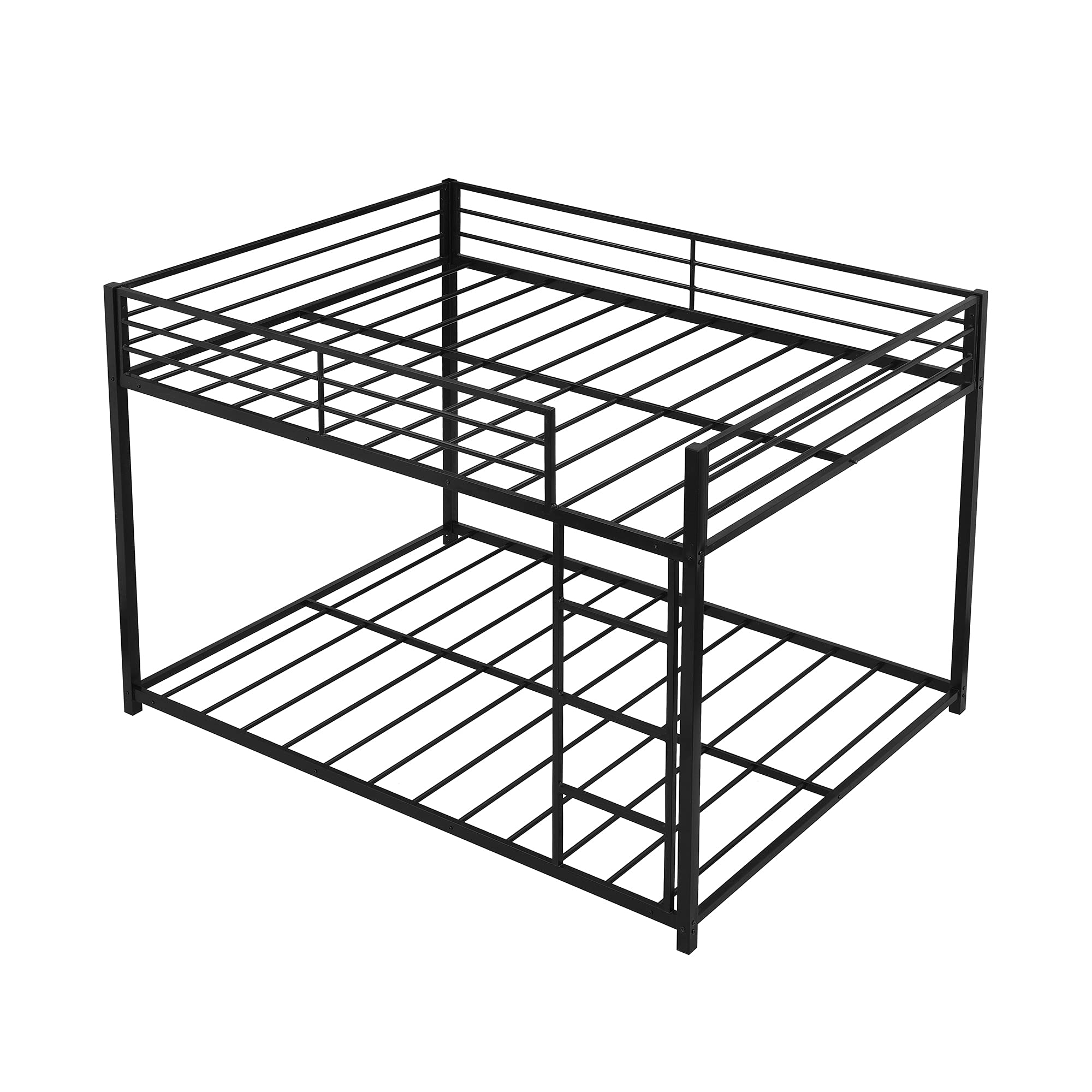 Full Over Full Metal Bunk Bed - Heavy Duty Low Profile Bunk Bed Frame with Safety Guard Rails & Flat Ladder for Kids, Teens, Adults (Black) | Perfect for Small Rooms, Dorms, Guest Rooms & Space-Saving Solutions