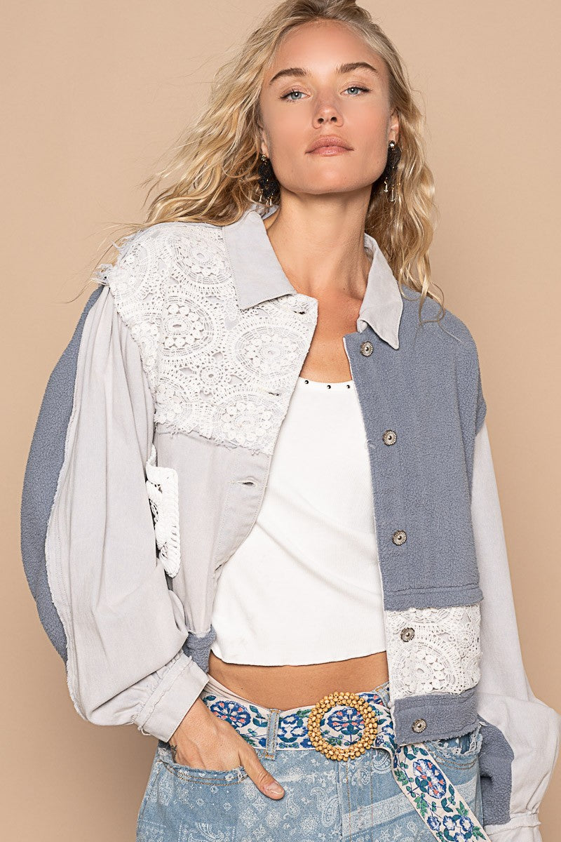 Stylish POL Crochet Patch Exposed Seam Button-Up Jacket for Women - Vintage Boho Fashion Outerwear for Spring & Fall
