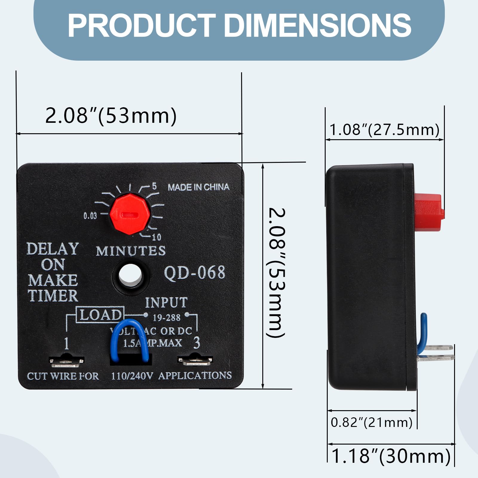 2Pcs Adjustable Delay On Make Timer QD-068 (0.03-10 Min, 19-288V AC/DC) - Perfect for Industrial Automation, HVAC Systems & Electrical Control Panels