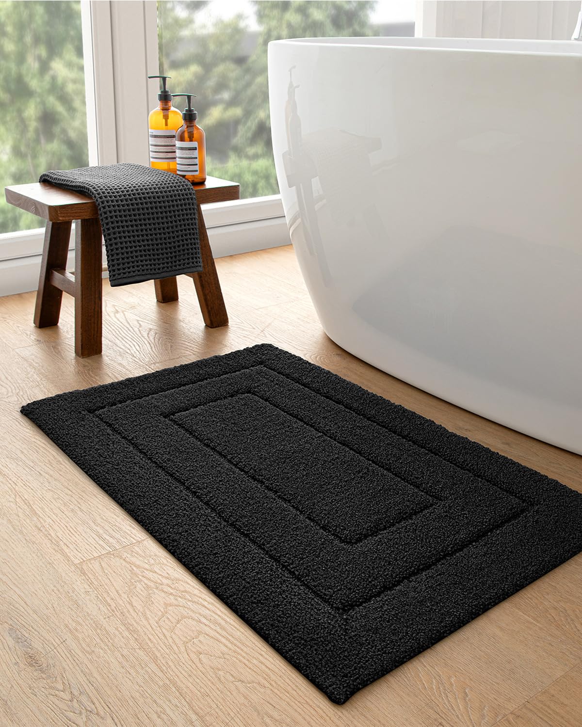 DEXI Non-Slip Bathroom Rug 36x24 Inches - Super Absorbent Quick Dry Microfiber Shower Mat with Rubber Backing - Machine Washable Bath Carpet for Bathroom Floor - Perfect for Bath, Shower, and Vanity Areas - Black