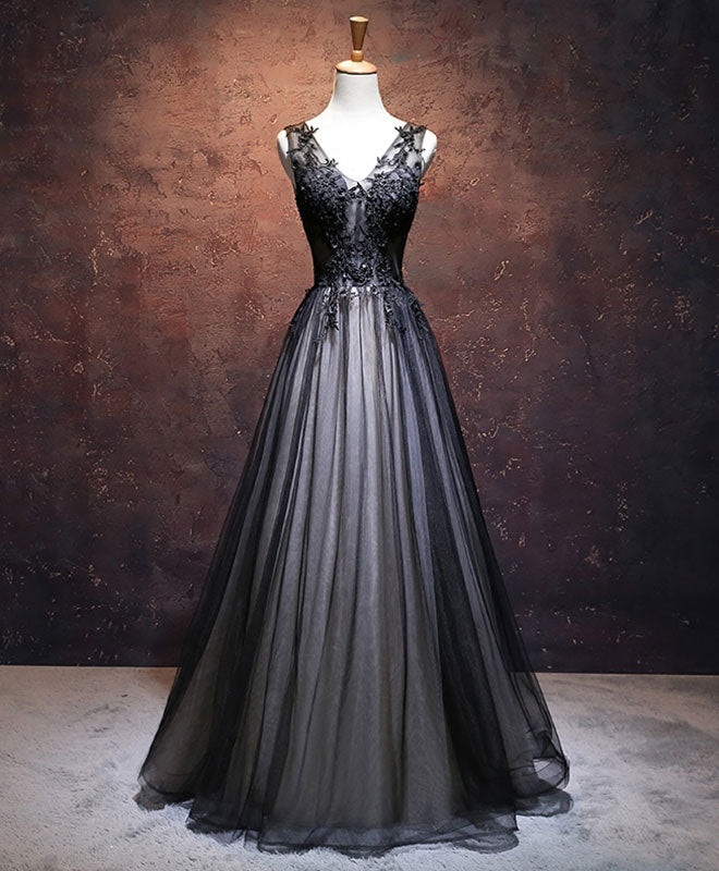 Elegant Black V-Neck Tulle Lace Applique Long Prom Dress - Formal Evening Gown for Homecoming, Bridesmaid, Wedding Guest & Special Occasions