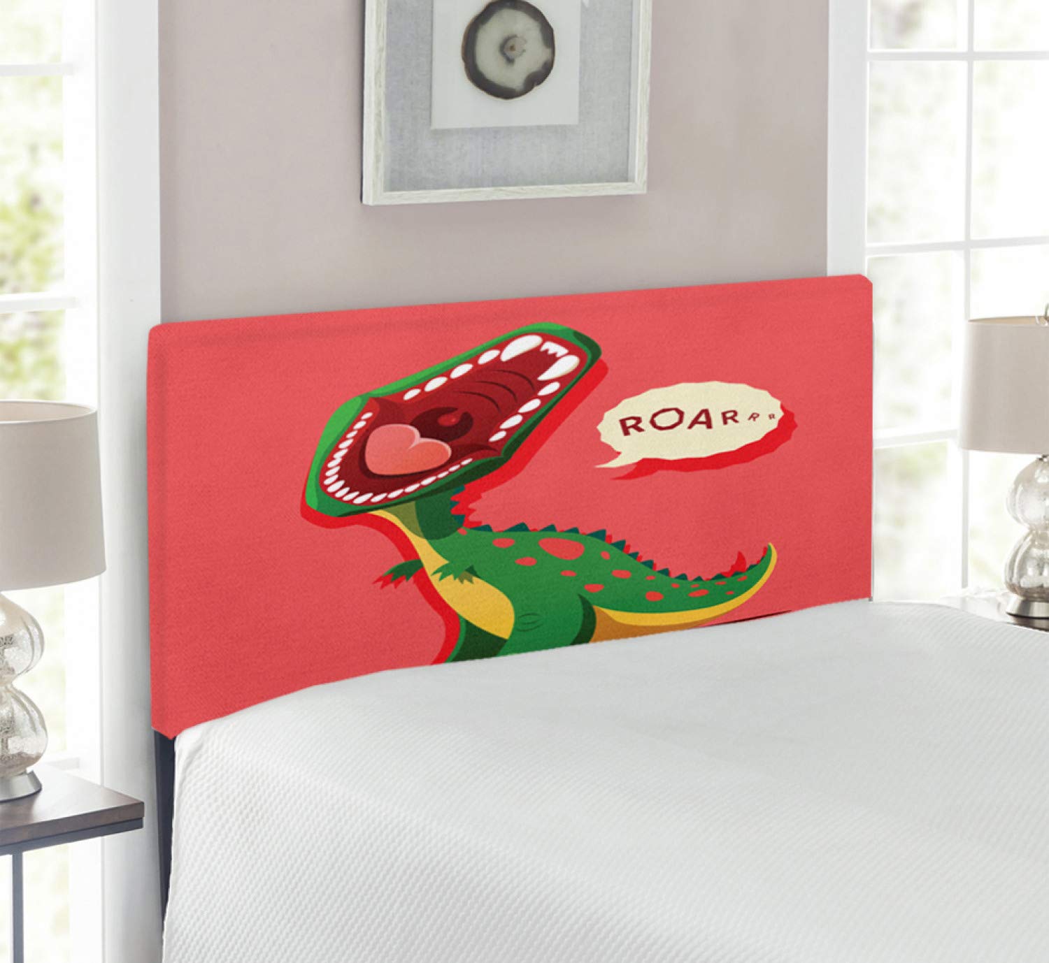 Dinosaur Headboard for Twin Bed - Aggressive Prehistoric Cartoon Animal Roaring Design, Upholstered Metal Bed Frame with Memory Foam in Coral Green & Yellow | Perfect for Kids' Room, Dinosaur Themed Bedroom & Jurassic Decor