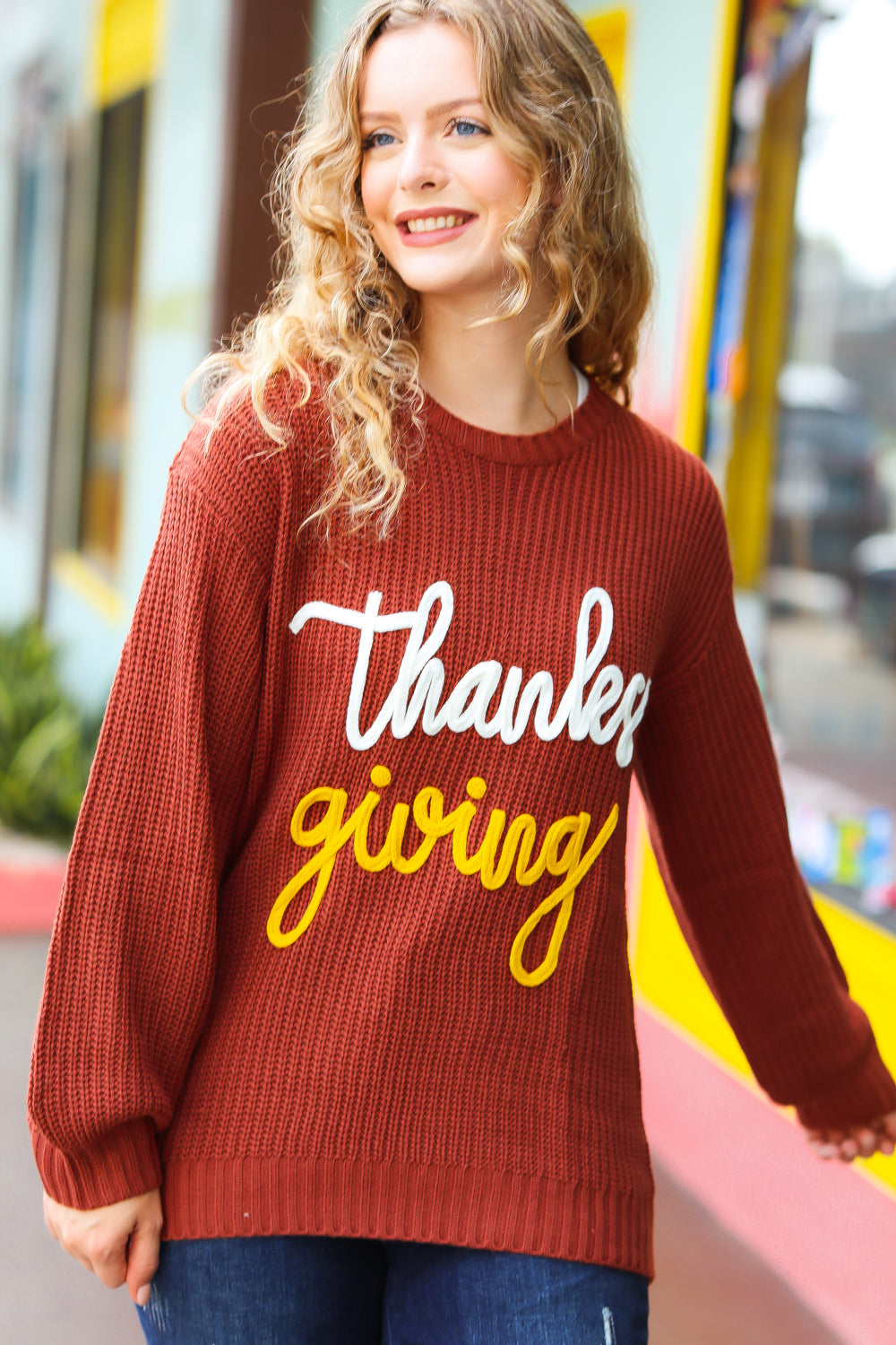 Cozy Thanksgiving Pop Up Embroidery Chunky Sweater - Women's Holiday Knit Pullover for Family Gatherings & Fall Festivities