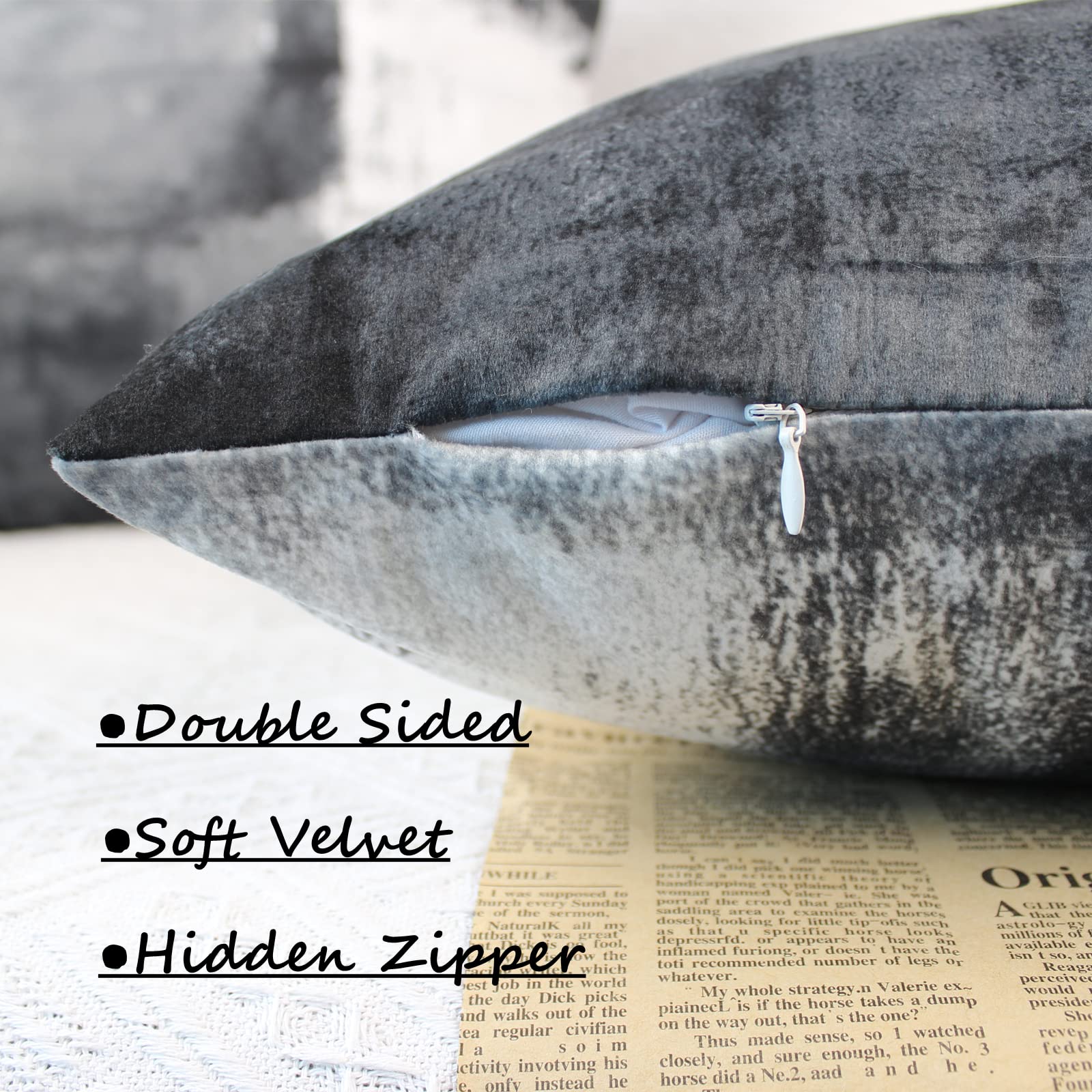 OYIMUA Set of 2 Velvet Decorative Pillow Covers 18x18 Inches (45x45 cm) - Abstract Art Grey White Cushion Cases for Sofa, Living Room, Patio, Garden & Farmhouse Decor | Indoor & Outdoor Home Accent Throw Pillows