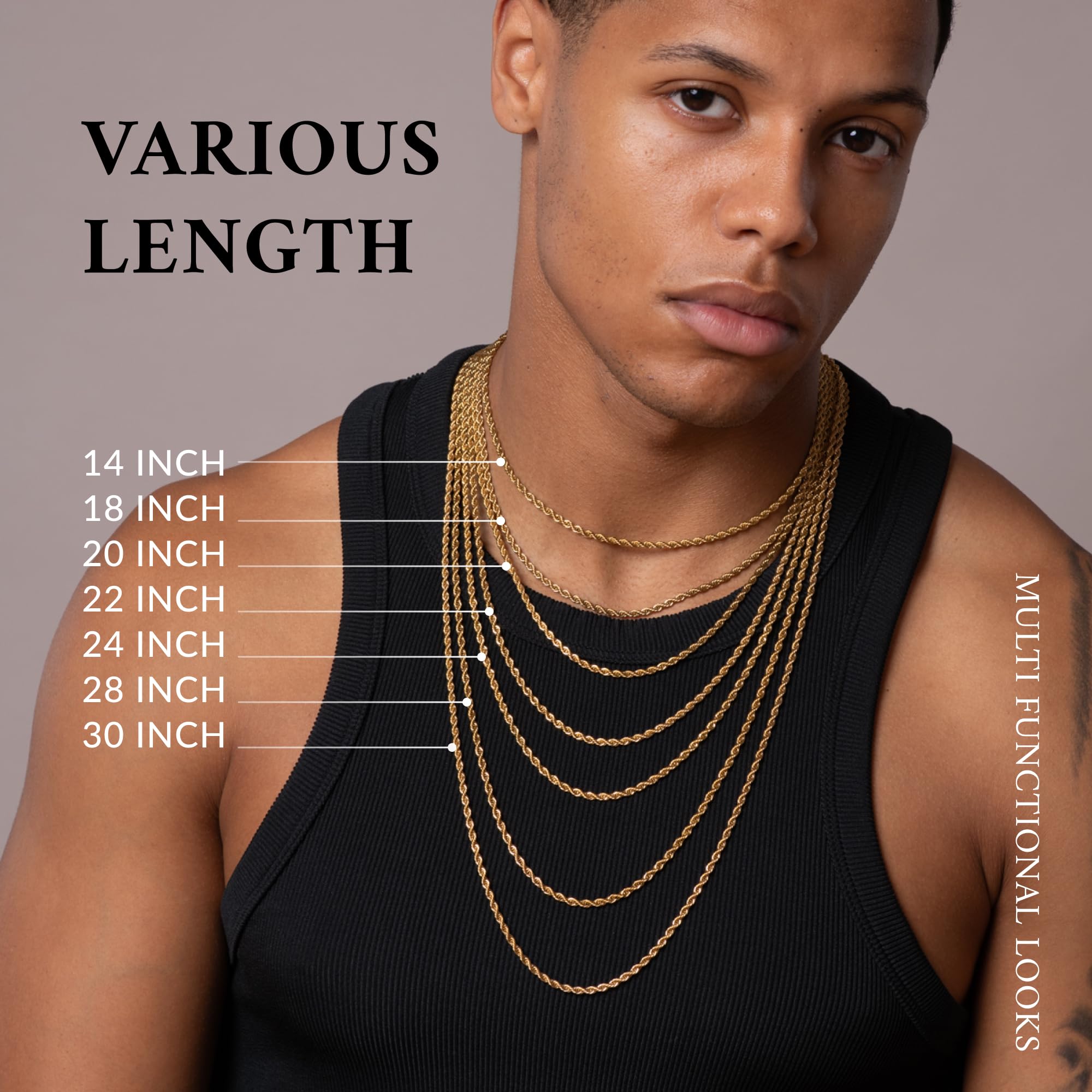 Stainless Steel Gold Plated Men's Rope Chain Necklace - Waterproof & Tarnish Resistant Heavy Jewelry for Men - Perfect for Parties, Weddings & Everyday Wear