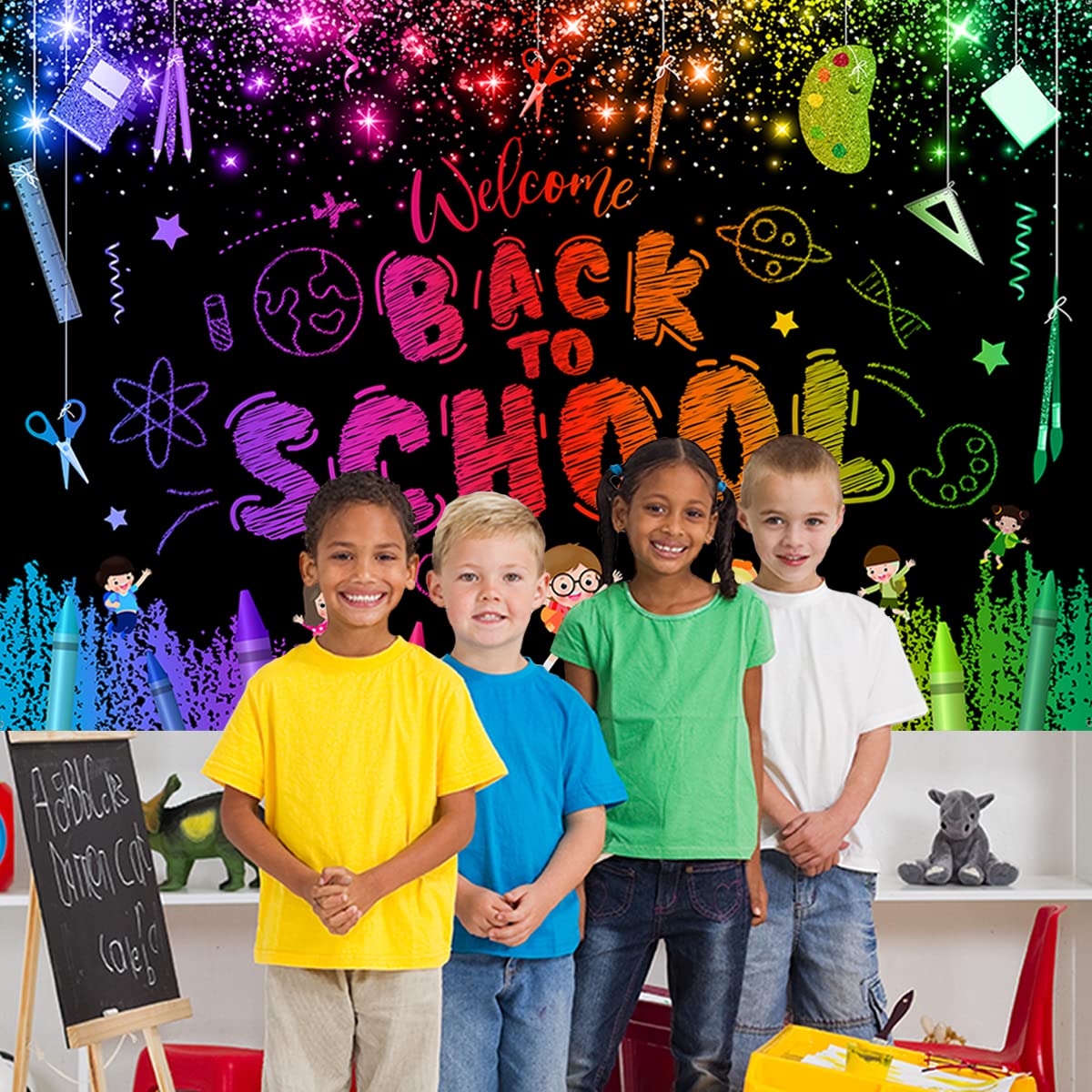 Welcome Back to School Backdrop - First Day of School Decorations for Preschool & Kindergarten Classroom | Black Background Banner for School Photos, Bulletin Boards & Classroom Parties