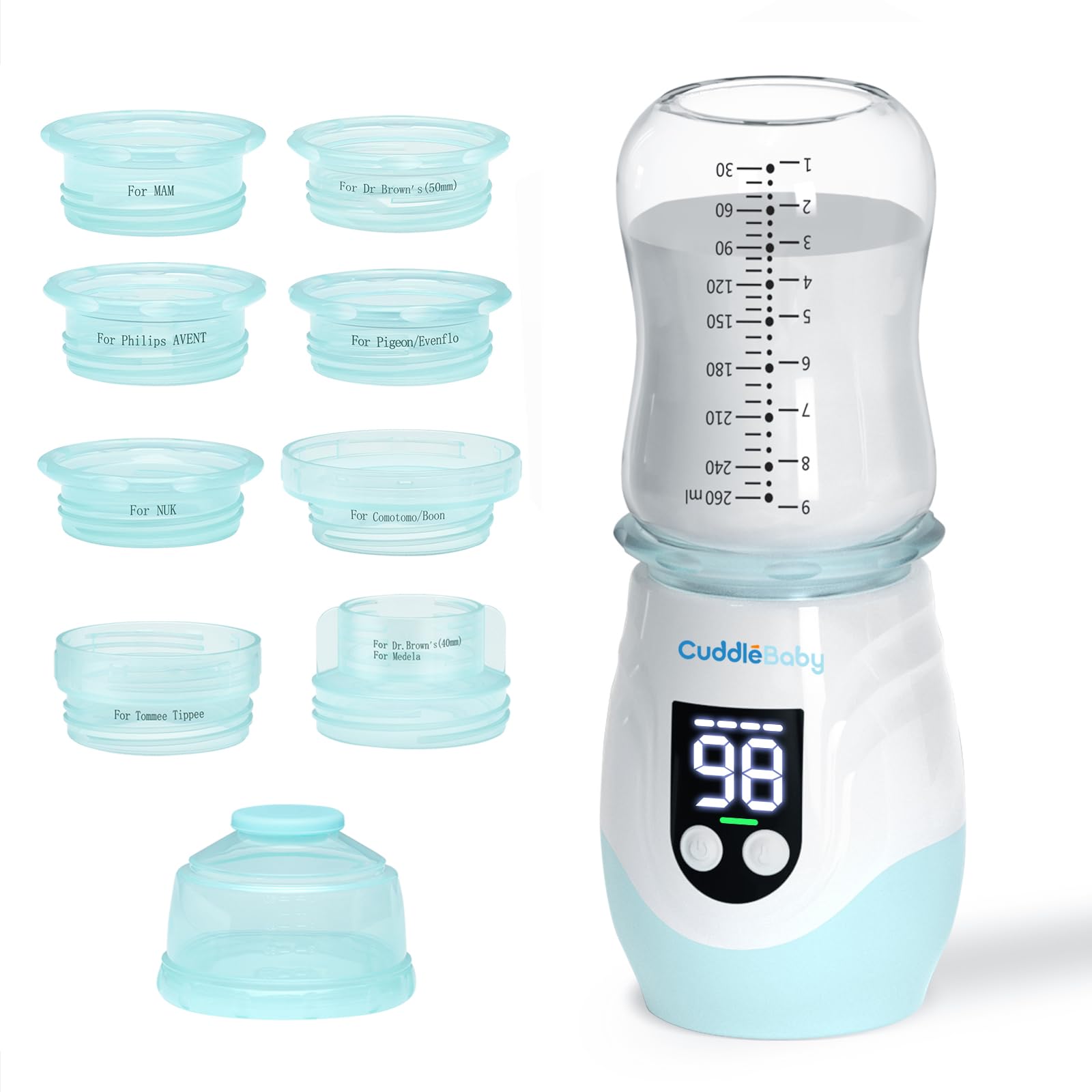 Portable Cordless Baby Bottle Warmer - Rechargeable Travel Bottle Heater with 8 Adapters & Milk Powder Container | Fast Heating for Breastmilk & Formula | Perfect for On-the-Go Parents, Road Trips & Air Travel (Blue)