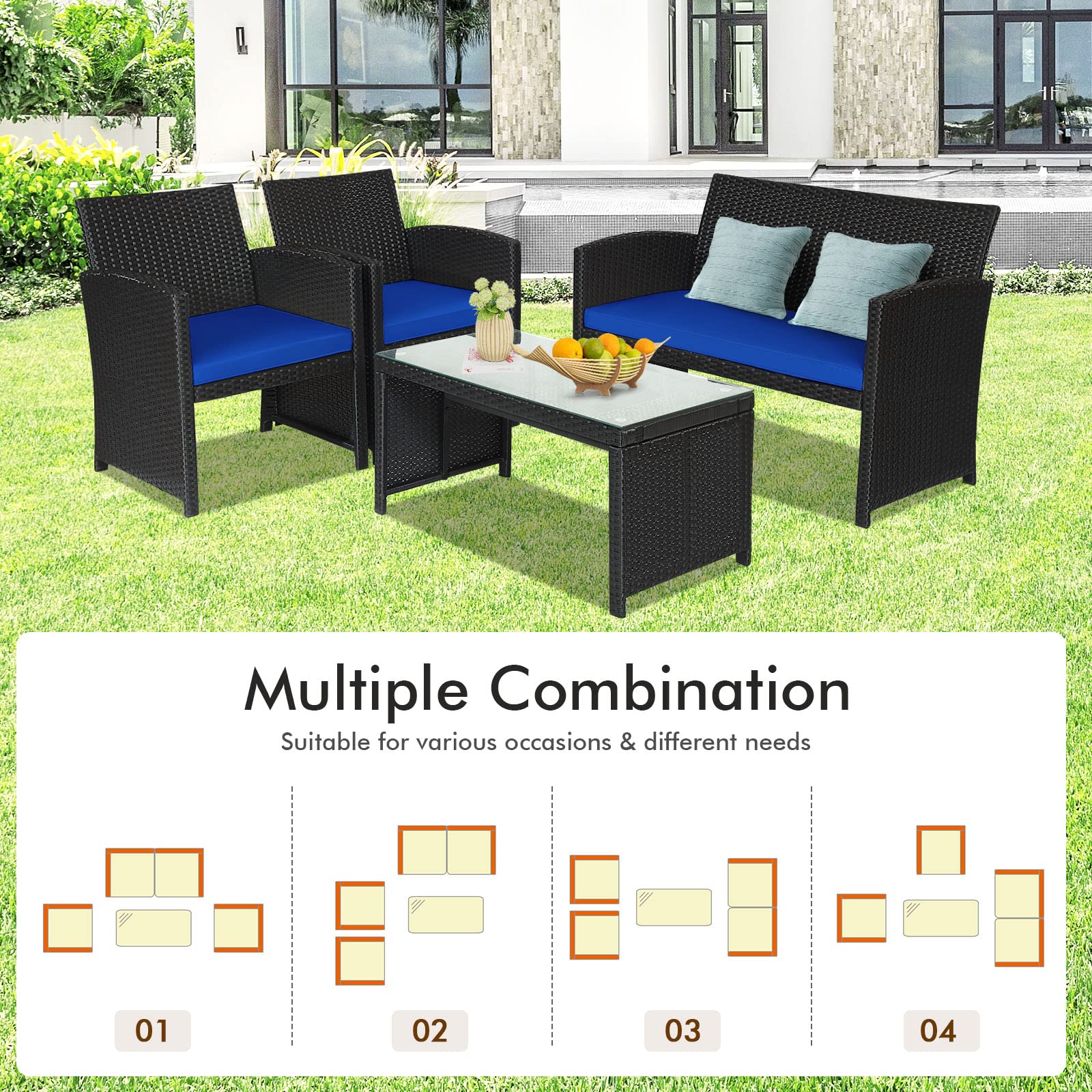 Goplus 4-Piece Rattan Patio Furniture Set - Outdoor Wicker Conversation Sofa with Cushions & Tempered Glass Coffee Table - Blue Patio Set for Garden, Backyard, Balcony, Poolside & Outdoor Relaxation