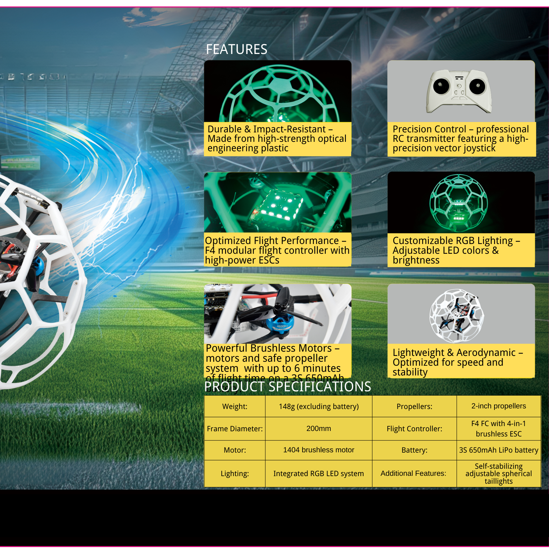 GT2 Pro 200mm Drone Soccer Flyball Mini Drone with 1404 Brushless Motor & RGB LED Lights - Perfect for Indoor/Outdoor Racing, Aerial Soccer Games & Night Flying