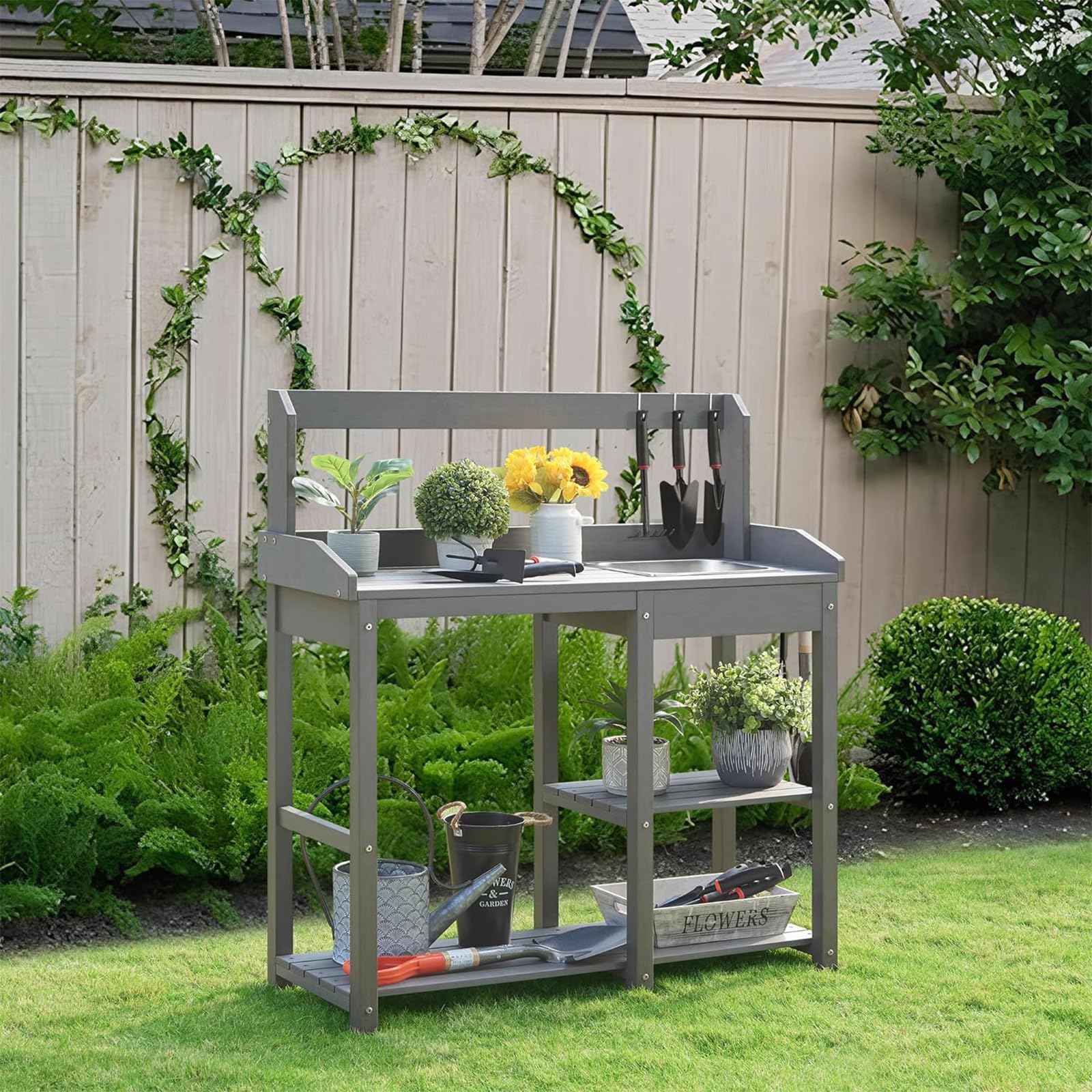 EFURDEN Patio Garden Potting Bench Table - Durable Poly Lumber Outdoor Workstation with Removable Sink & Open Storage Shelf | Perfect for Gardening, Planting, and Outdoor DIY Projects