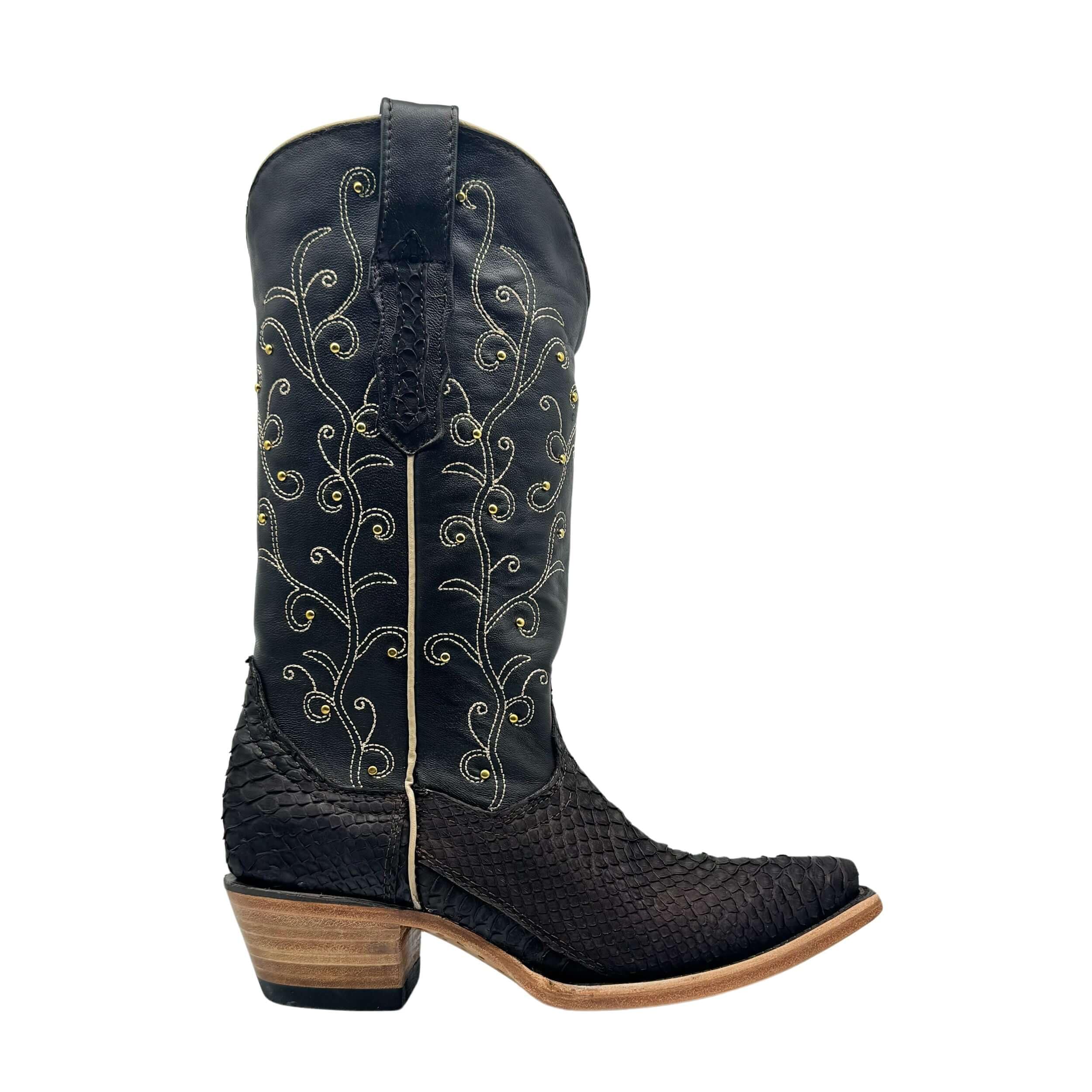 Vaccari Women's Piper Genuine Matte Chocolate Python & Studs Snip Toe Cowgirl Western Boots - Stylish & Comfortable for Country Dancing, Rodeo Events & Western Fashion