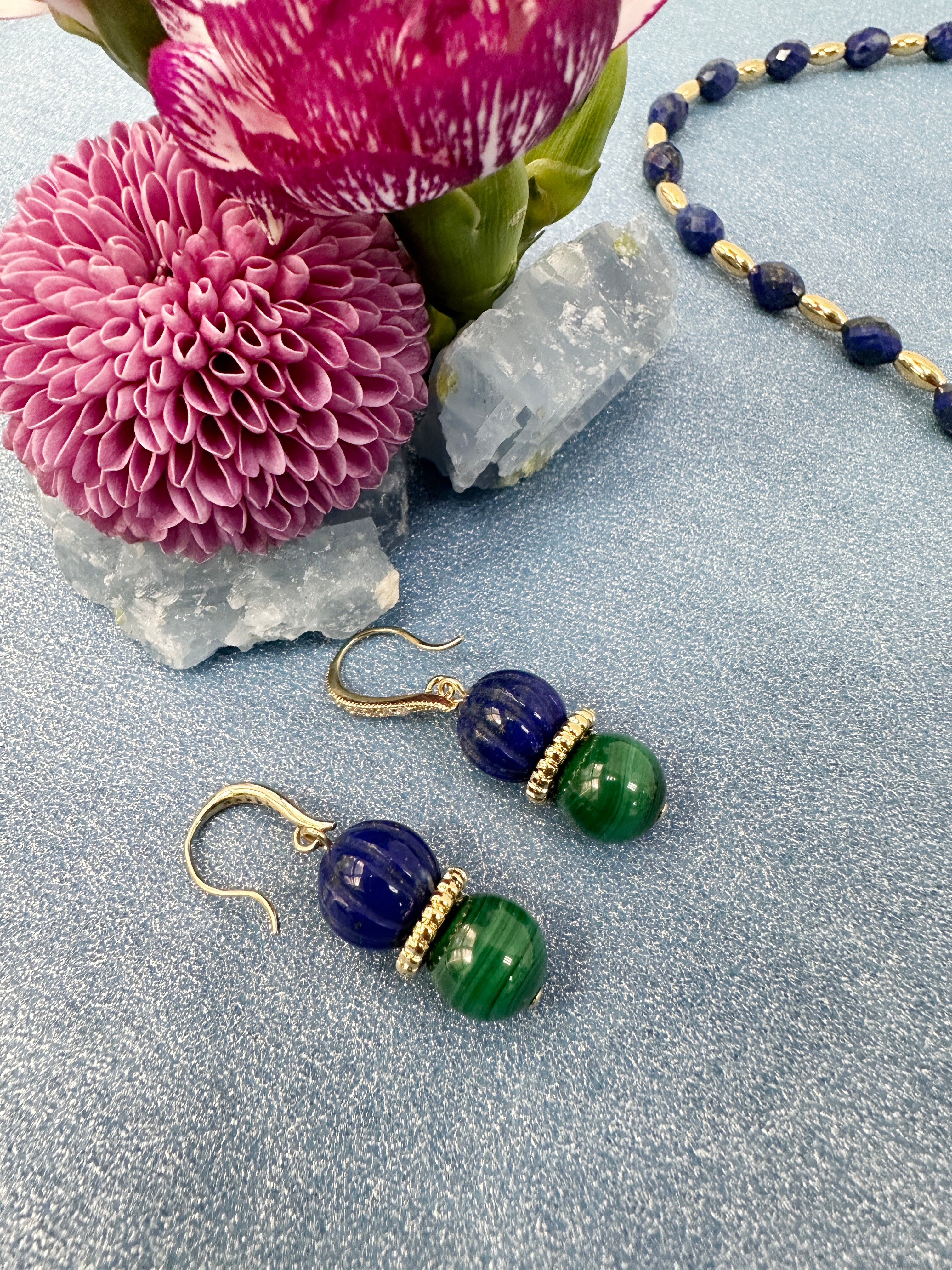 Blue Lapis and Green Malachite Gemstone Earrings LE025 - Elegant Handmade Jewelry for Women, Perfect for Parties, Weddings & Special Occasions