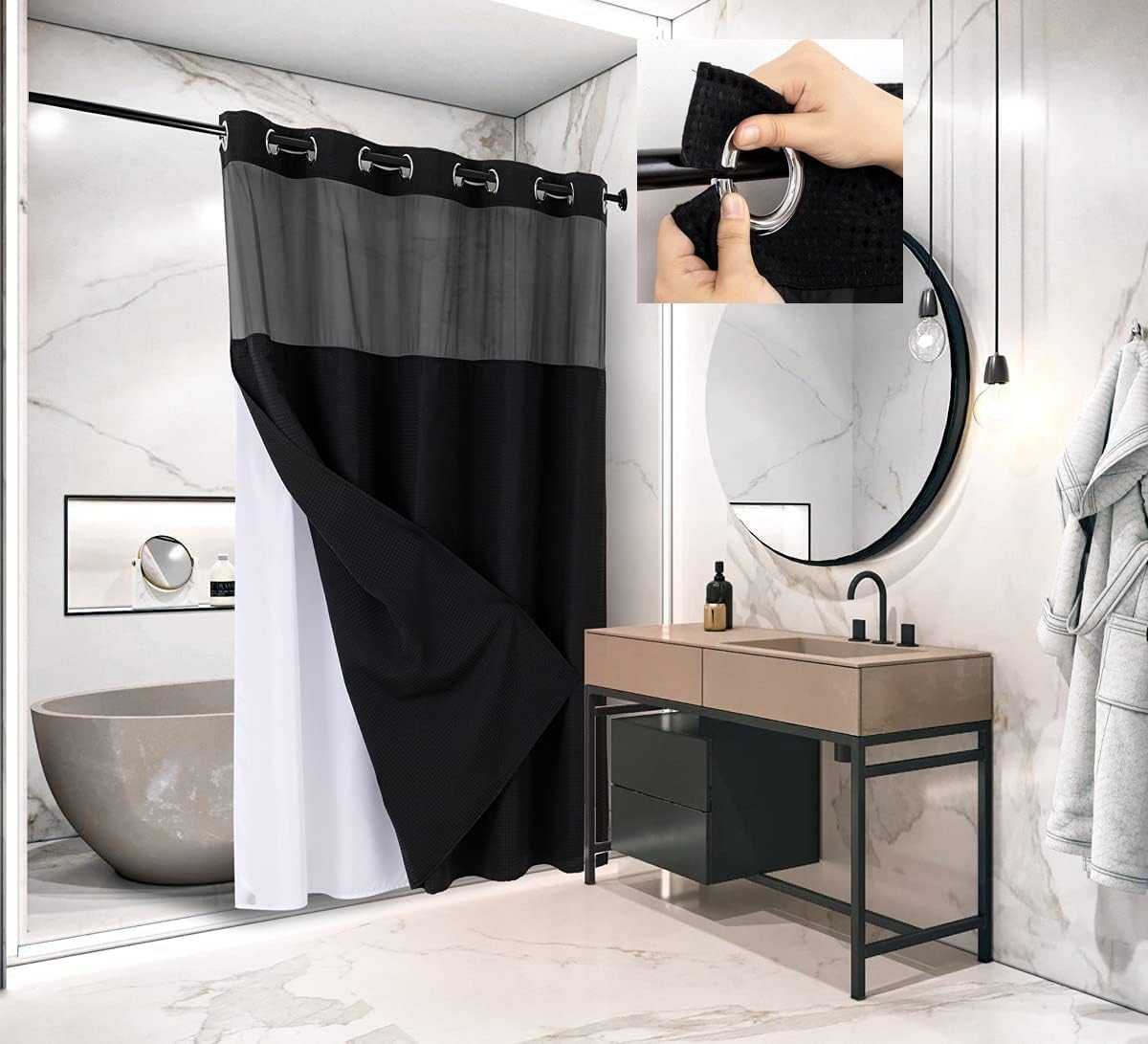No Hooks Required Shower Curtain with Snap-in Liner - Waffle Weave Hotel Style Waterproof Bathroom Curtain, Washable Fabric with Mesh Top Window & Easy Snap Hooks, 72x74 Inches (Black) - Perfect for Modern Bathrooms, Guest Suites & Spa-Like Showers