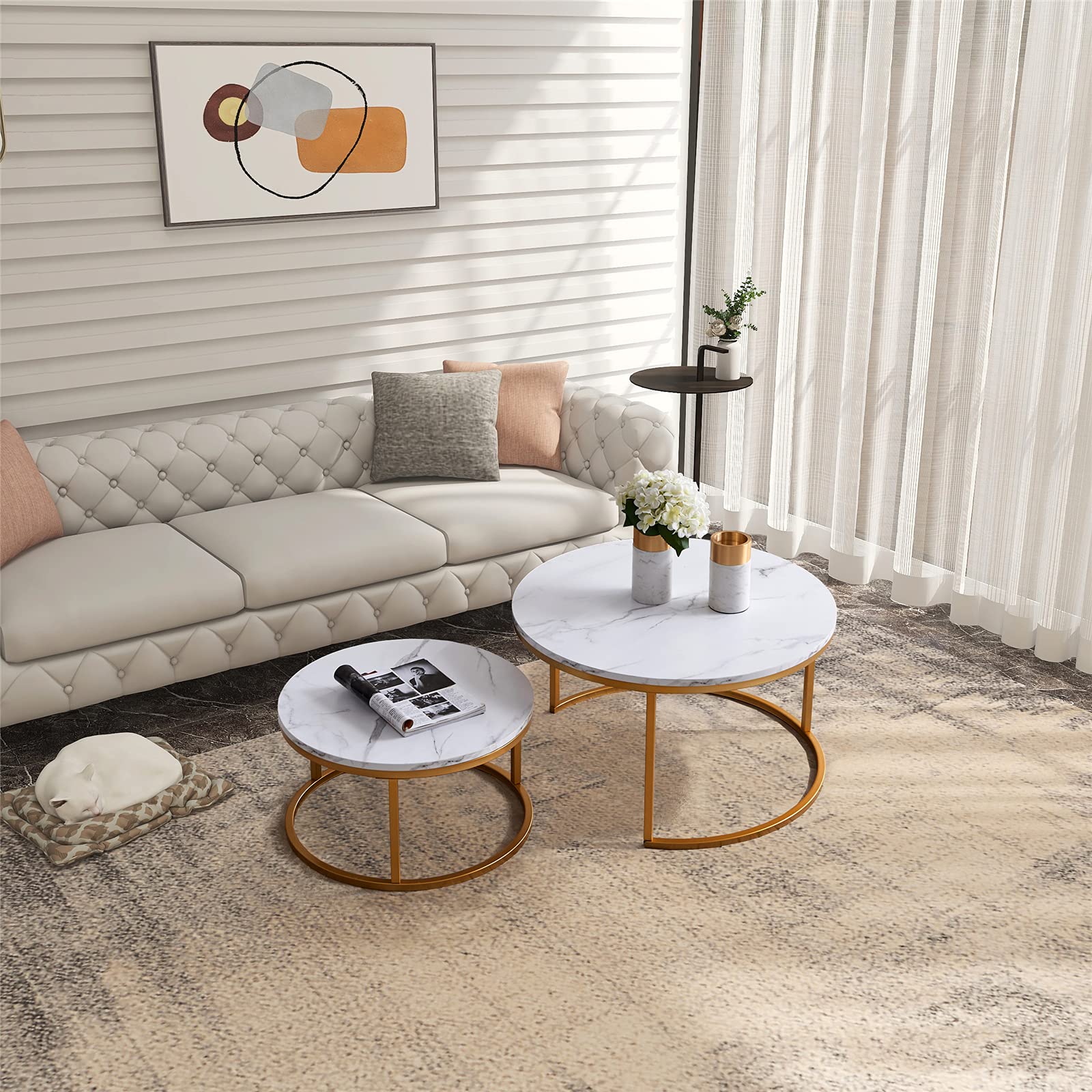UNIE Modern Nesting Coffee Table Set of 2 - Round Accent Tables with Faux Marble Wood Top & Gold Metal Frame - Living Room, Office, Balcony Decor - Gold & White (ORW24714369) - Perfect for Small Spaces & Stylish Home Decor