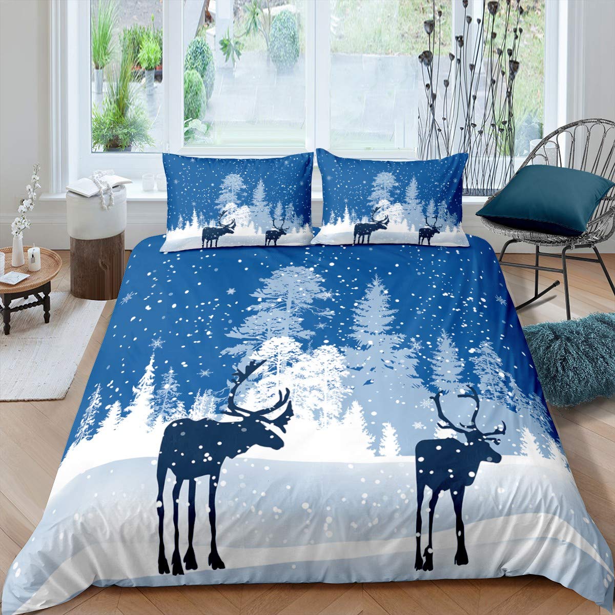 Feelyou Elk Duvet Cover Set - Winter Comforter Cover with Christmas Deer Pattern, Snowflake Printed Bedding Set (2PC Twin Size) - Perfect Xmas Gift for Teens & Girls Bedroom Decor | Cozy Winter Nights & Holiday Home Styling