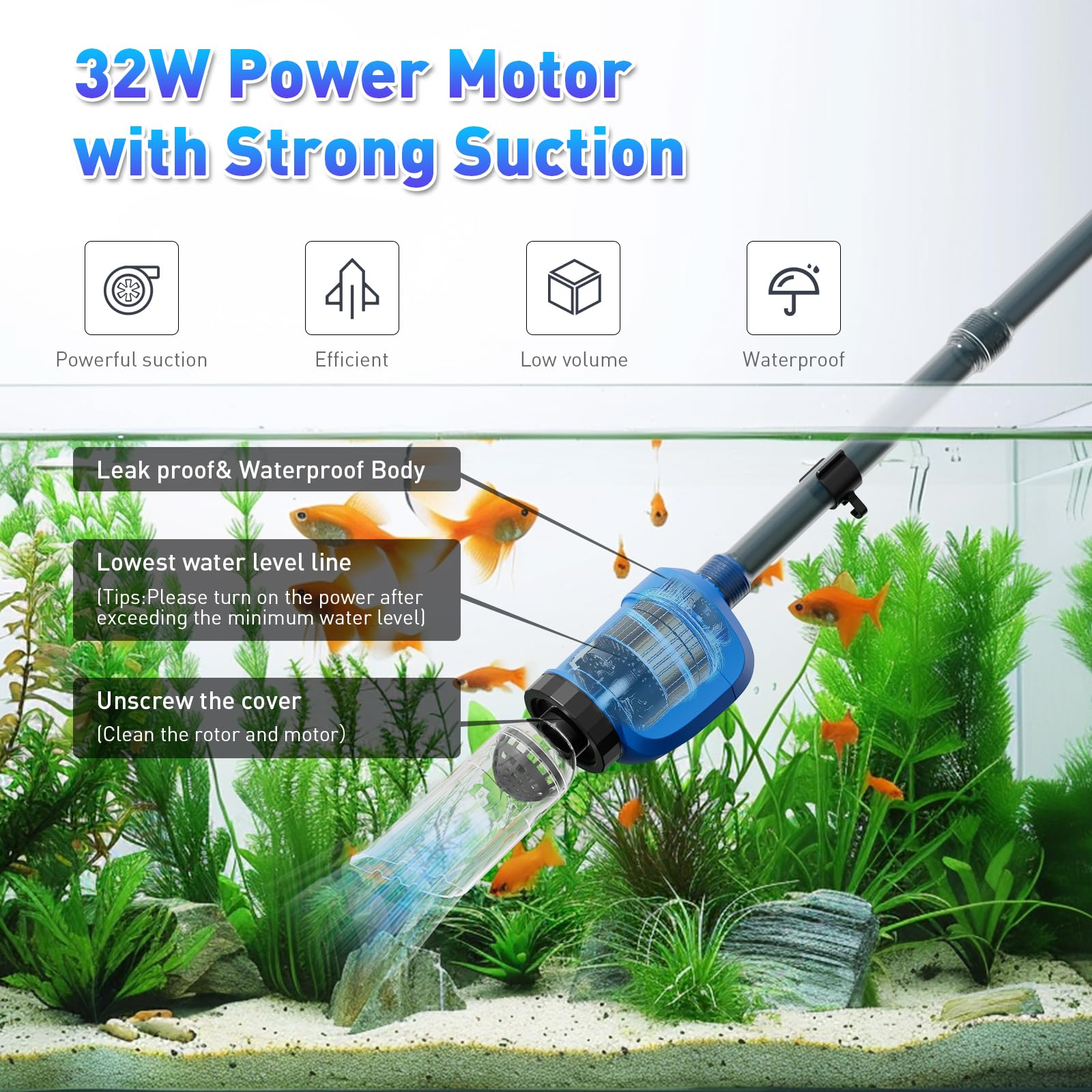 Electric Aquarium Gravel Cleaner - 32W 6-in-1 Multifunctional Automatic Fish Tank Vacuum for Sand Washing & Water Changing | Perfect for Freshwater & Saltwater Tanks, Home & Office Aquarium Maintenance