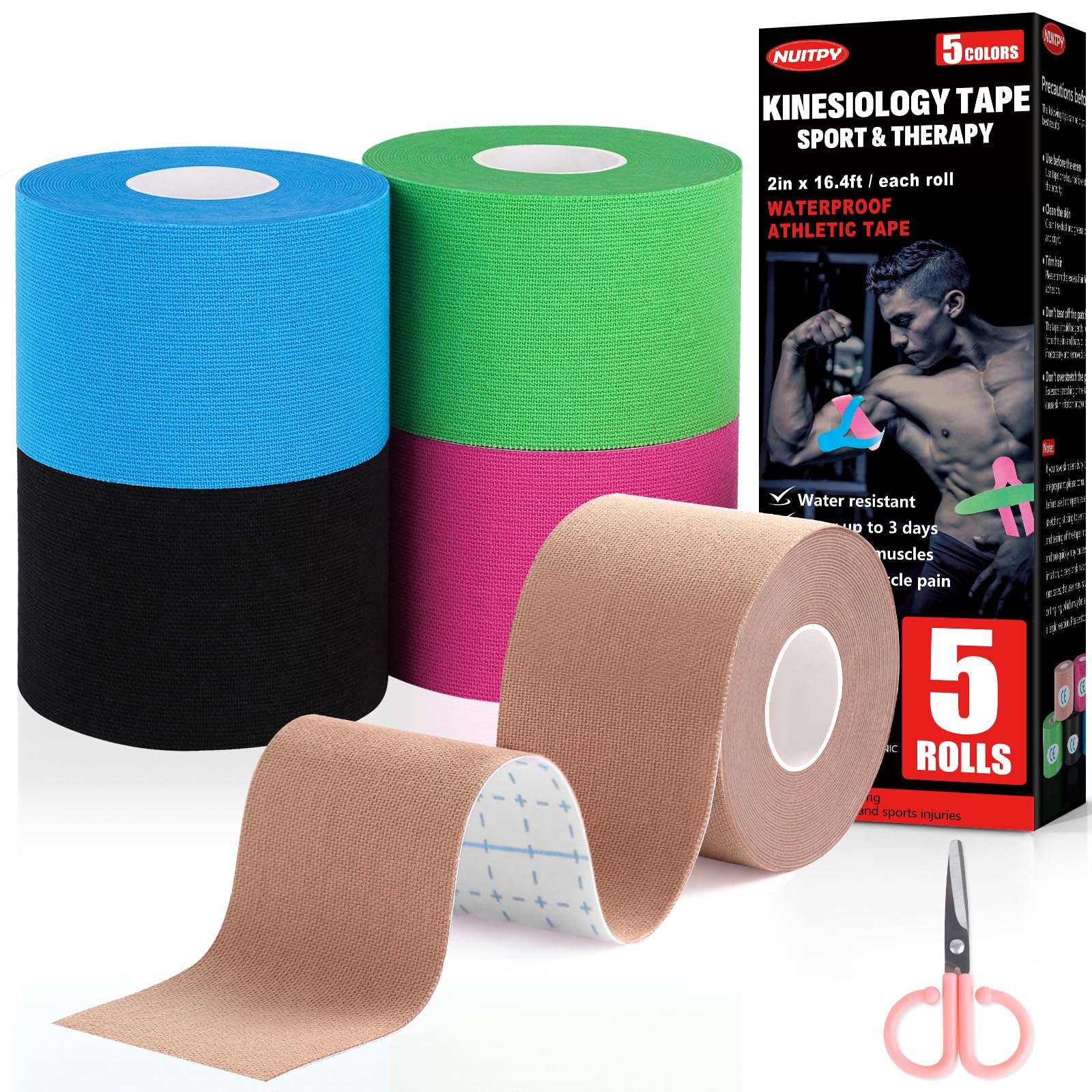 5 Rolls Kinesiology Tape - 2 Inch x 16.4 Feet Waterproof Athletic Tape for Sports & Recovery | 5 Color Elastic Muscle Tape for Knee, Shoulder, Back Pain Relief | Ideal for Running, Yoga, Gym Workouts & Daily Support
