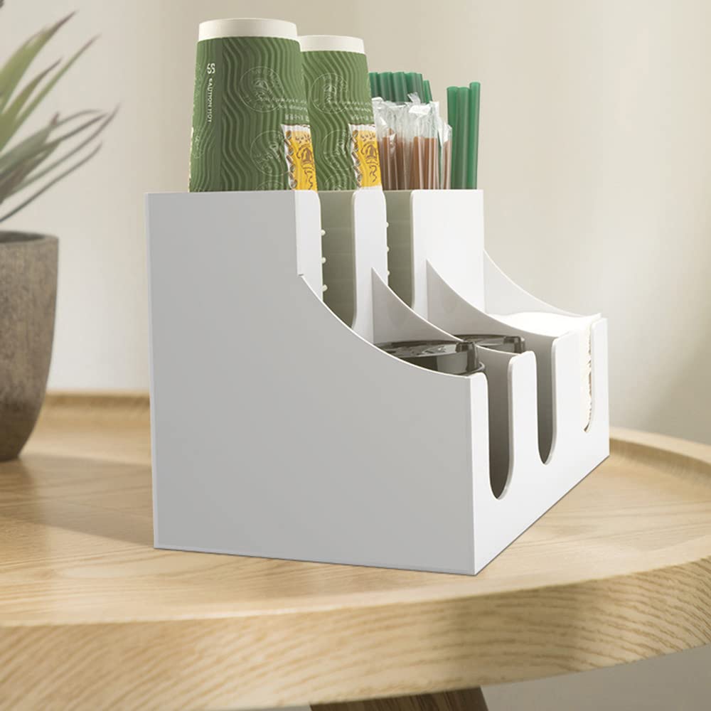 White Coffee Condiment & Accessories Organizer - Cup Lid Dispenser with Tea Bag, Sugar & Straw Storage - Perfect for Office Coffee Station & Home Kitchen Organization