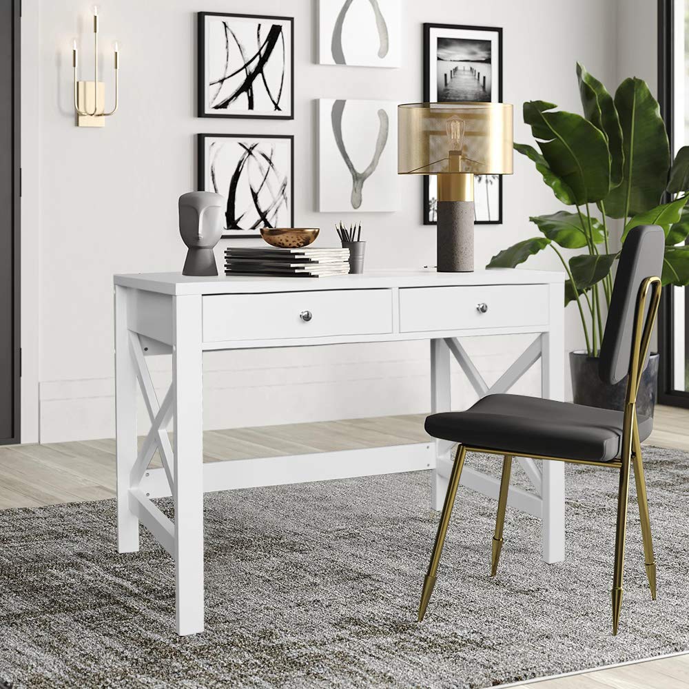 Modern 40-Inch White Computer Desk with Drawers - Home Office Study Desk, Makeup Vanity & Console Table for Small Spaces | Perfect for Remote Work, Online Learning & Beauty Routine Organization