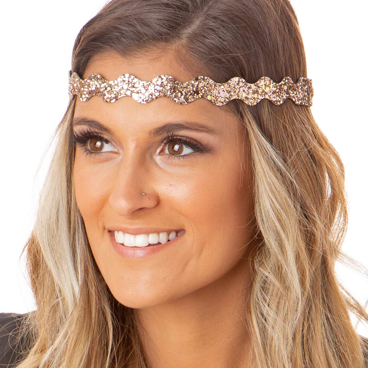 Sparkly Adjustable No-Slip Bling Headbands for Women, Girls & Teens - 4 Pack Mixed Rose Gold Glitter Headbands - Perfect for School, Workouts, Parties & Everyday Fashion