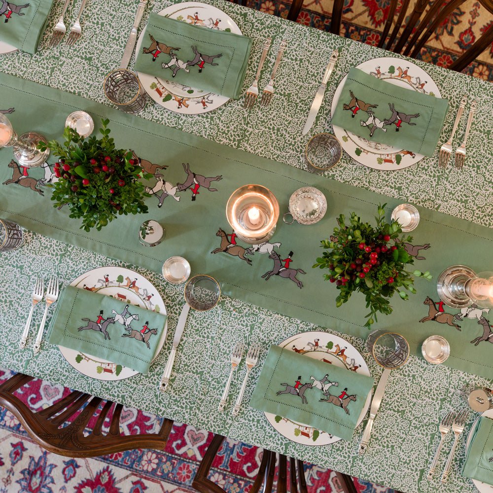 Embroidered Hunt Scene Green Napkins - Set of 4 | Elegant Dinner Party & Holiday Table Decor