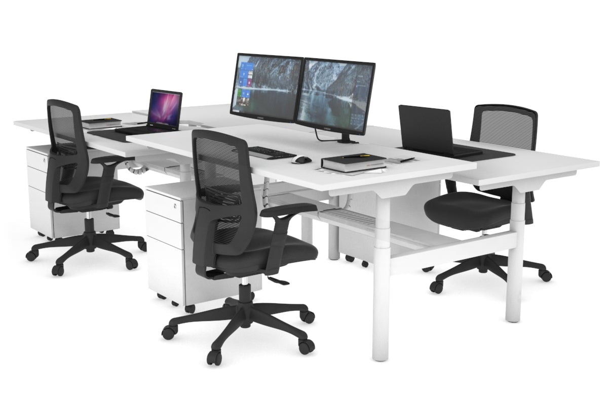 Flexi Premium Height Adjustable 4-Person H Bench Workstation - White Frame [1200L x 800W with Cable Management] - Ideal for Office, Coworking Spaces & Collaborative Work Environments