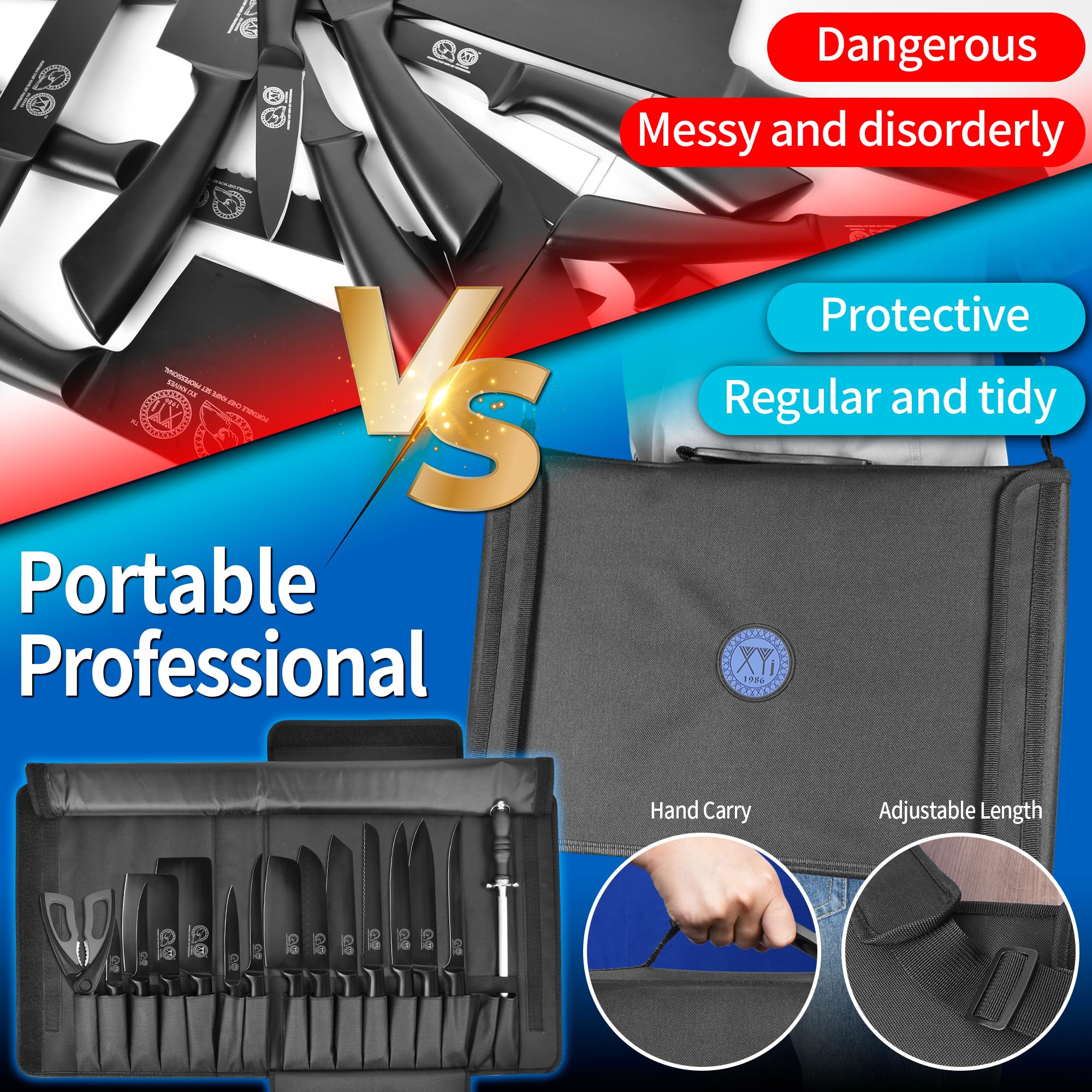 XYJ Professional Chef Knife Set - High-Quality Meat Cleaver & Butcher Knives for Camping, Cooking & Outdoor Adventures - Includes Carrying Bag - Perfect Gift for Chefs, Men & Women (Full Black) - Ideal for Home Kitchens, BBQ Parties & Camping Trips