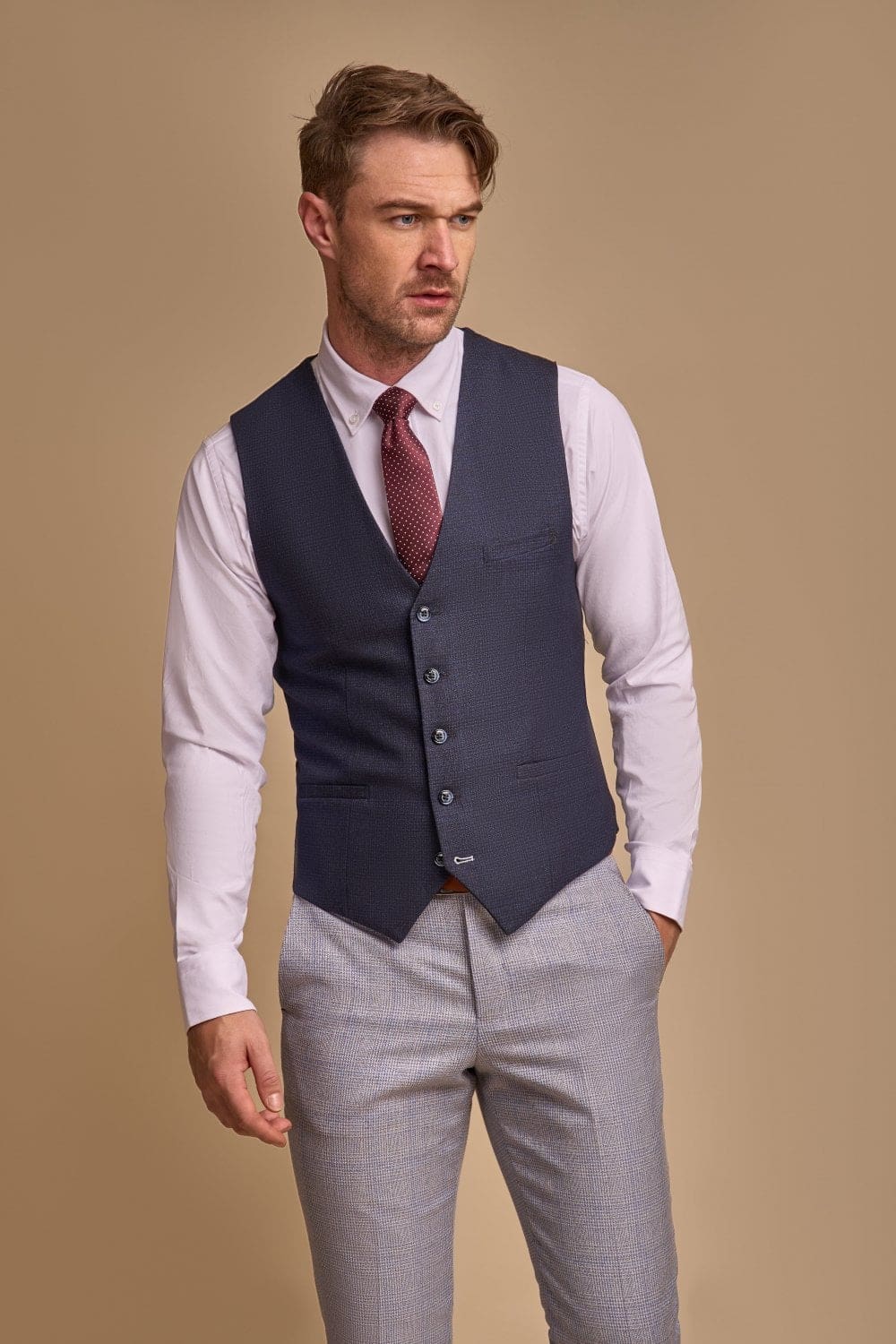 Premium Cavani Caridi Men's Sky Blue Tweed 3-Piece Suit with Navy Waistcoat | Formal Wedding, Business & Special Occasion Attire