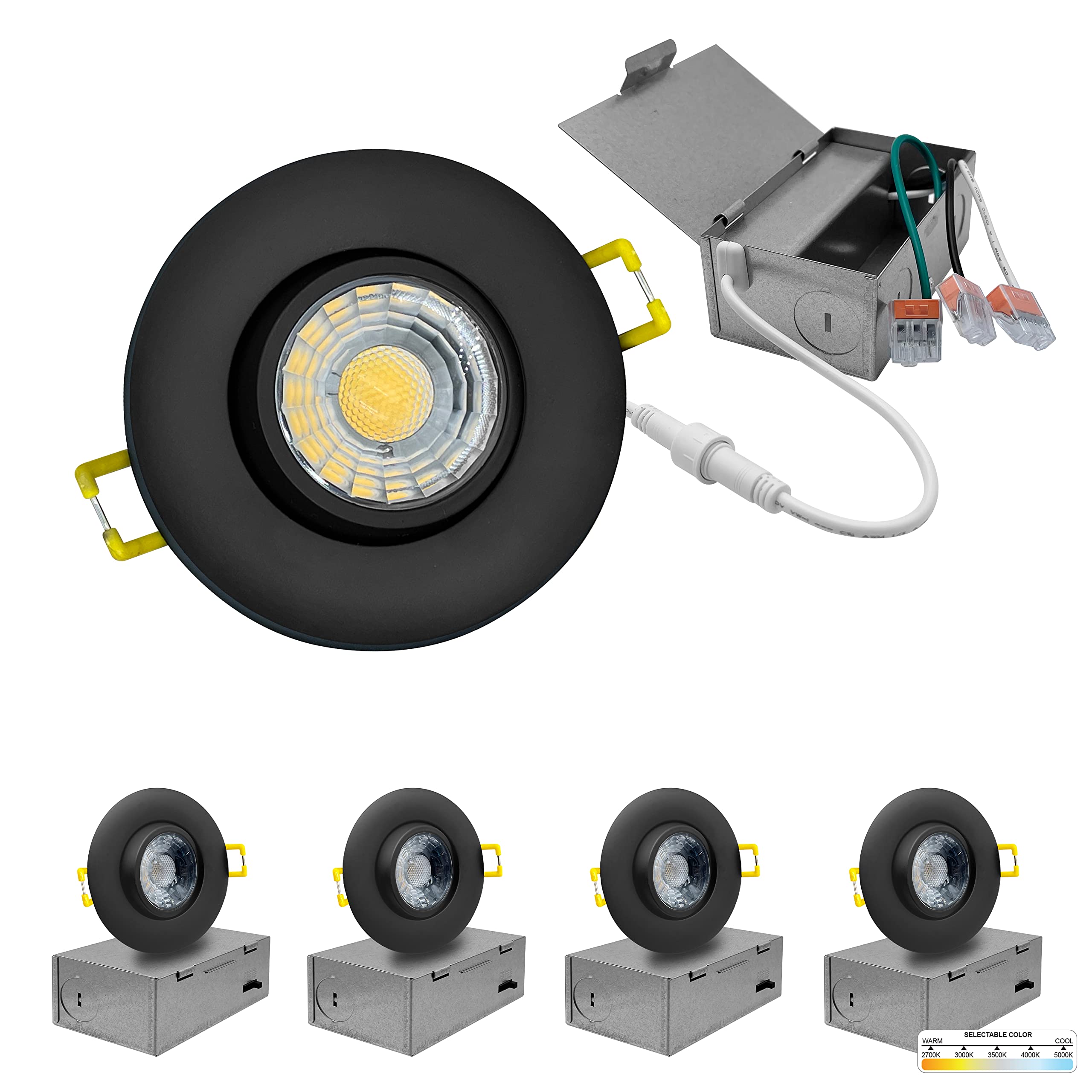 NUWATT Black 3 Inch LED Gimbal Recessed Lights - 5CCT Selectable (2700K-5000K), 8W 600 Lumens, IC & Wet Rated, 120V Dimmable, Canless Eyeball Adjustable - Perfect for Living Room, Kitchen, Bedroom & Bathroom Lighting (4 Pack)