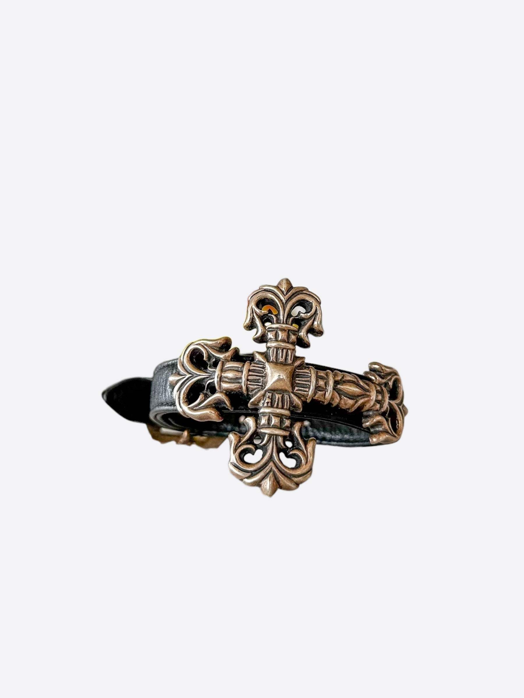 Chrome Hearts Black Leather Filigree Cross Gunslinger Bracelet for Men - Gothic Punk Jewelry Accessory for Bikers, Rockers & Fashion Enthusiasts
