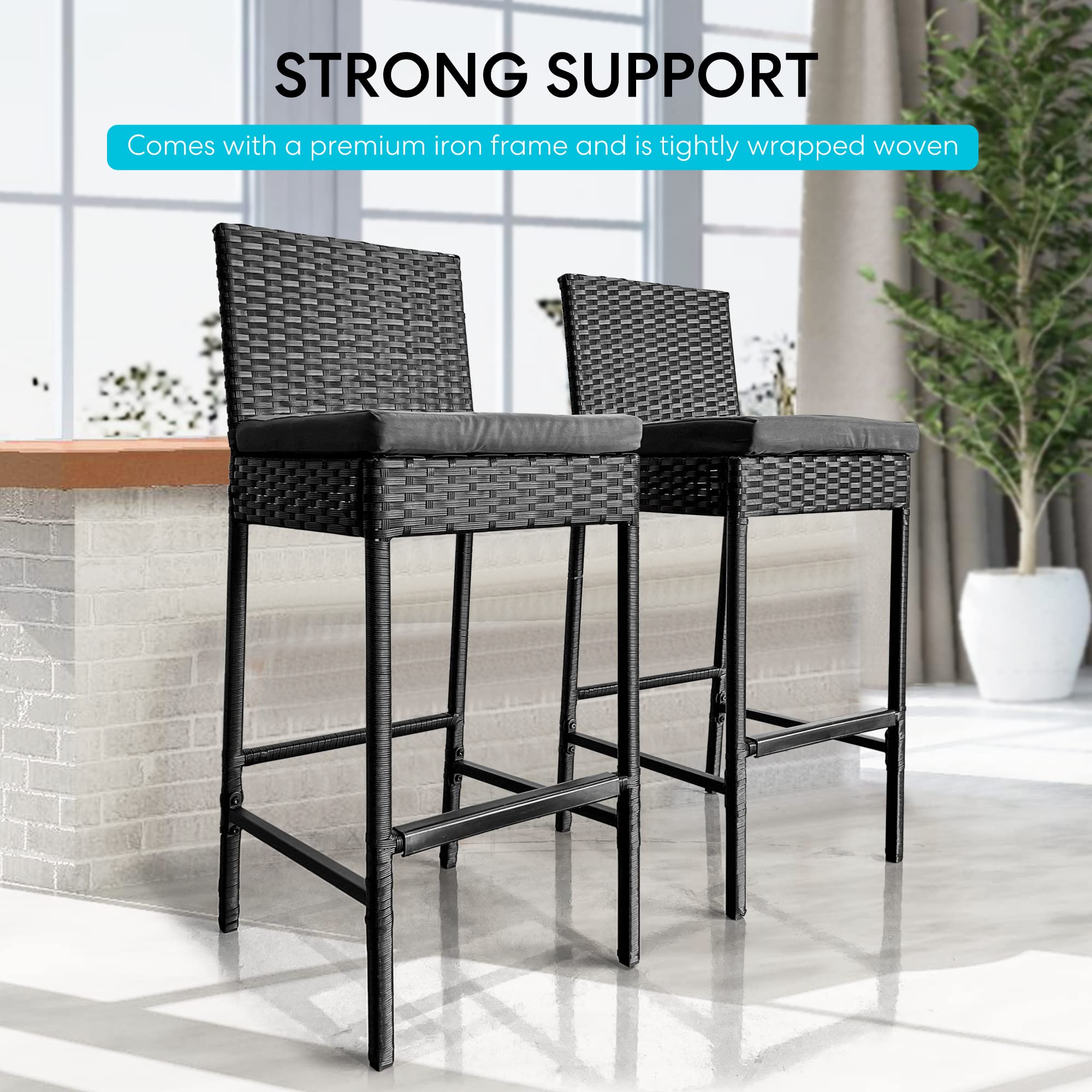 VIVOHOME 4-Pack Outdoor Wicker Bar Stools - PE Rattan Bar Chairs with Cushions, Black - Perfect for Patio, Deck, Garden & Poolside Seating