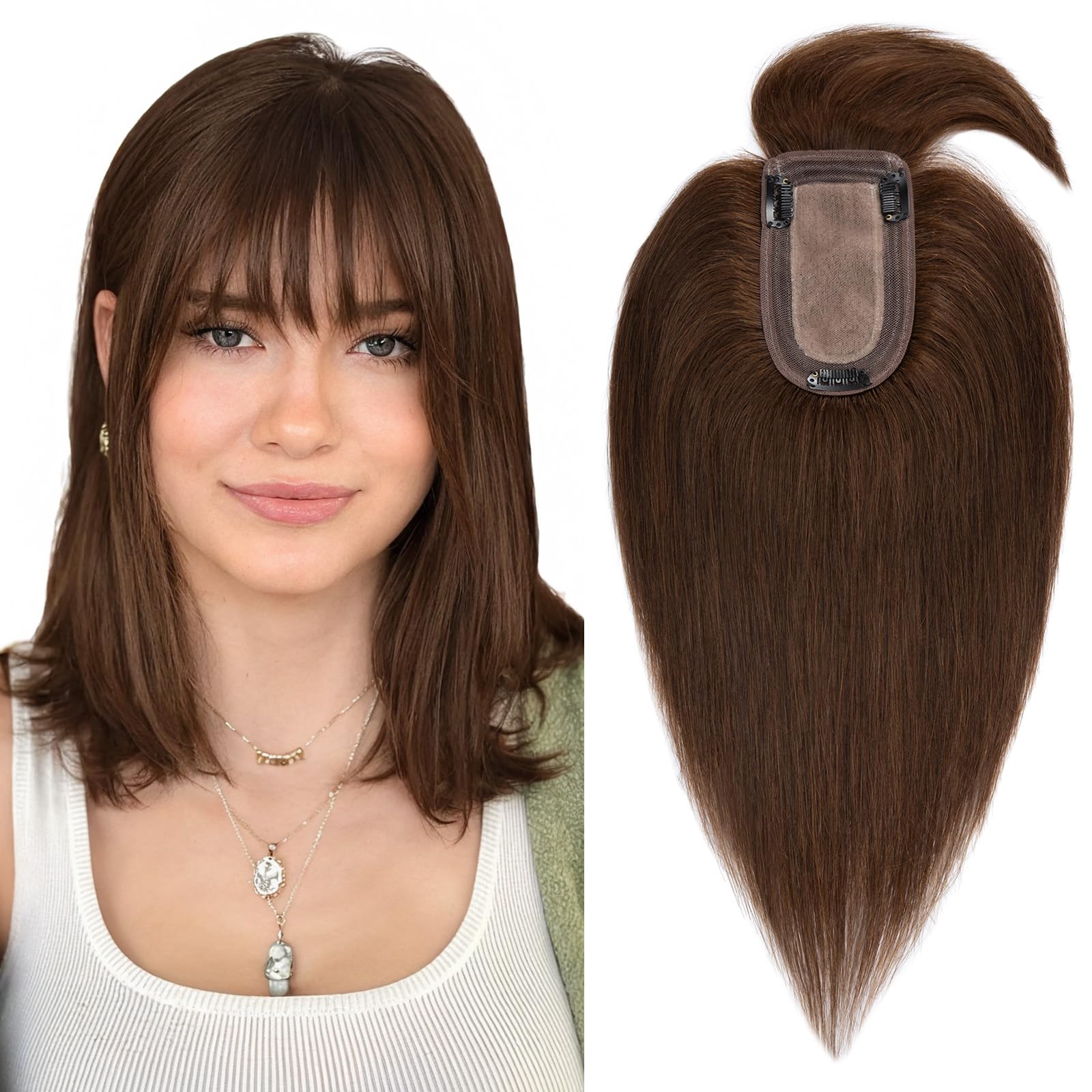 Benehair Clip-in Topper Hair Extension – 12 Inch Human Hair with Thin Bangs, Handmade Silk Base, Straight & Soft for Women with Hair Loss (Medium Brown #4) – Perfect for Daily Wear, Parties & Special Occasions
