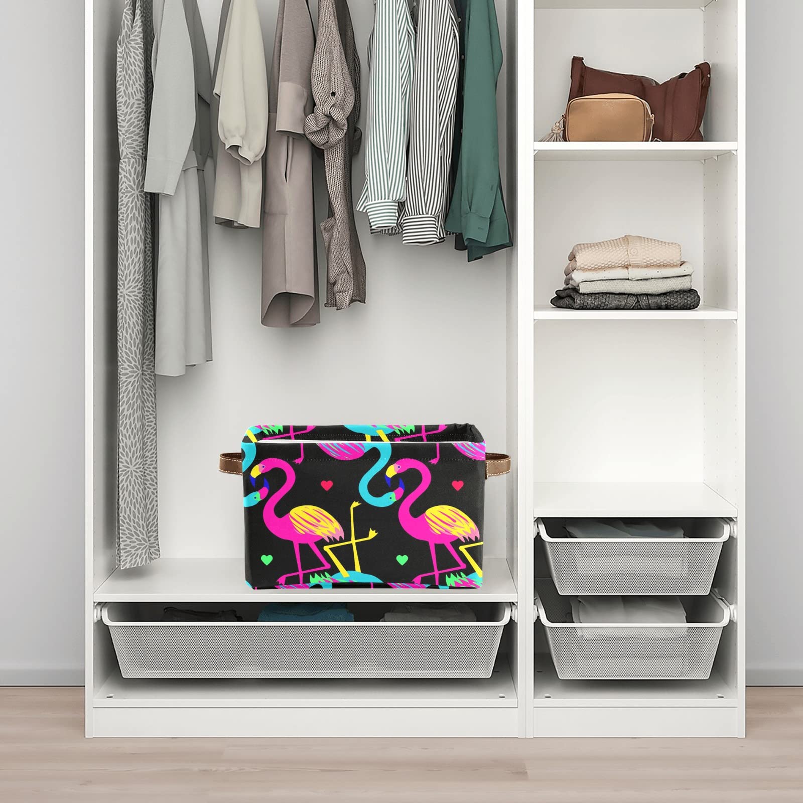 Collapsible Storage Bin with Handle - Tropical Hawaiian Flamingo Design, Foldable Organizer Basket for Clothes, Toys, Pet Supplies & Nursery Items | Perfect for Closet, Bedroom, Kids Room & Home Organization