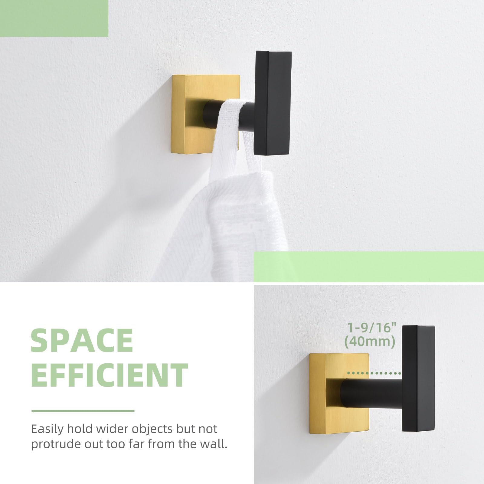 Stainless Steel Angle Simple Towel Hook - Black & Gold Wall Mounted Bathroom & Kitchen Towel Holder, Robe Hook for Home, Hotel, Spa (2 Pack) - Perfect for Hanging Towels, Robes, Aprons & More