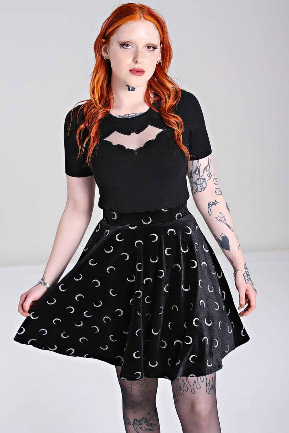 Hell Bunny Misty Moon Black Velvet Glittery Crescent Skirt - Vintage Gothic A-Line Skirt for Women | Perfect for Halloween, Cosplay & Retro Fashion Outfits