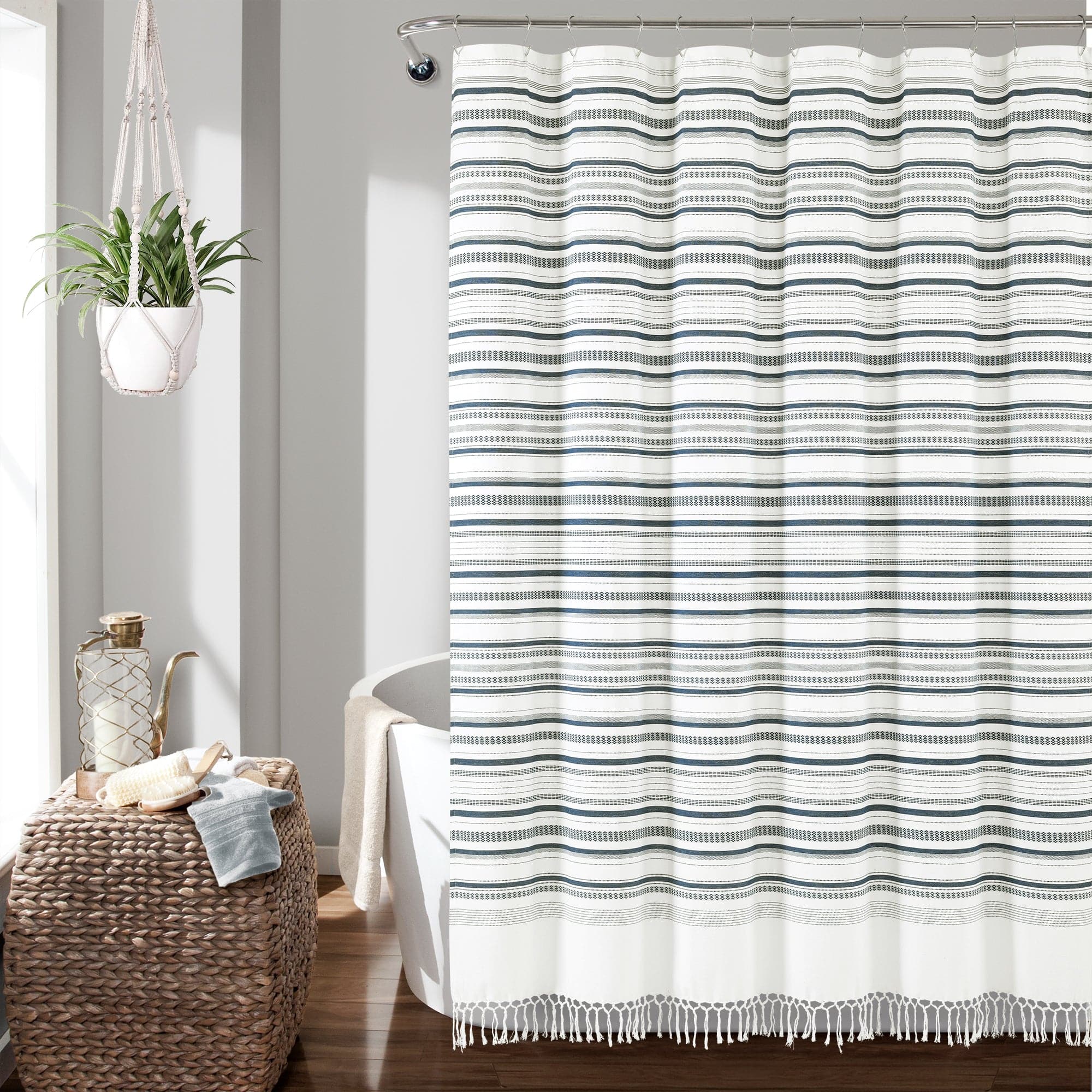 Eco-Friendly Woven Yarn Dyed Recycled Cotton Blend Shower Curtain - Waterproof Bathroom Decor for Modern & Sustainable Homes