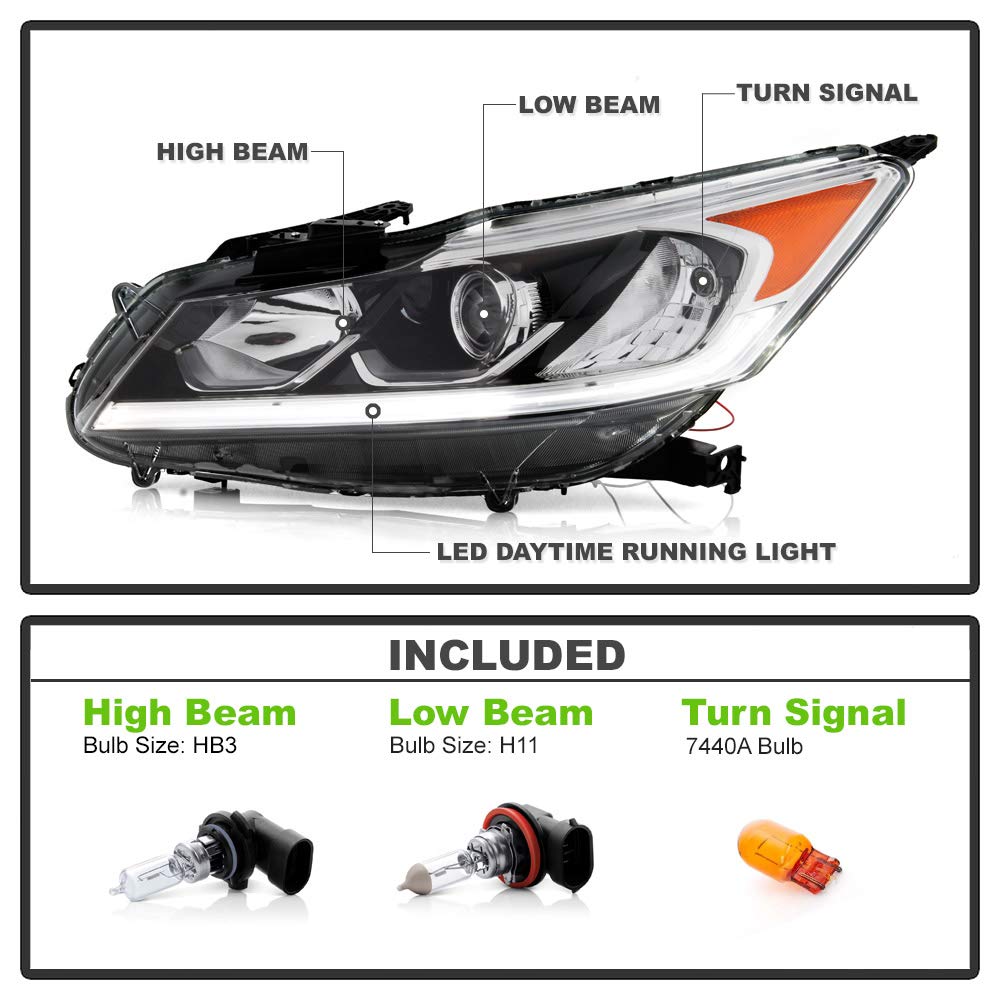 ACANII LED Projector Headlights Assembly Set for 2016-2017 Honda Accord EX/EX-L/Sport - DRL Headlamps Pair (Driver & Passenger Side) - Upgrade Your Ride with Bright, Energy-Efficient Lighting for Night Driving and Enhanced Visibility