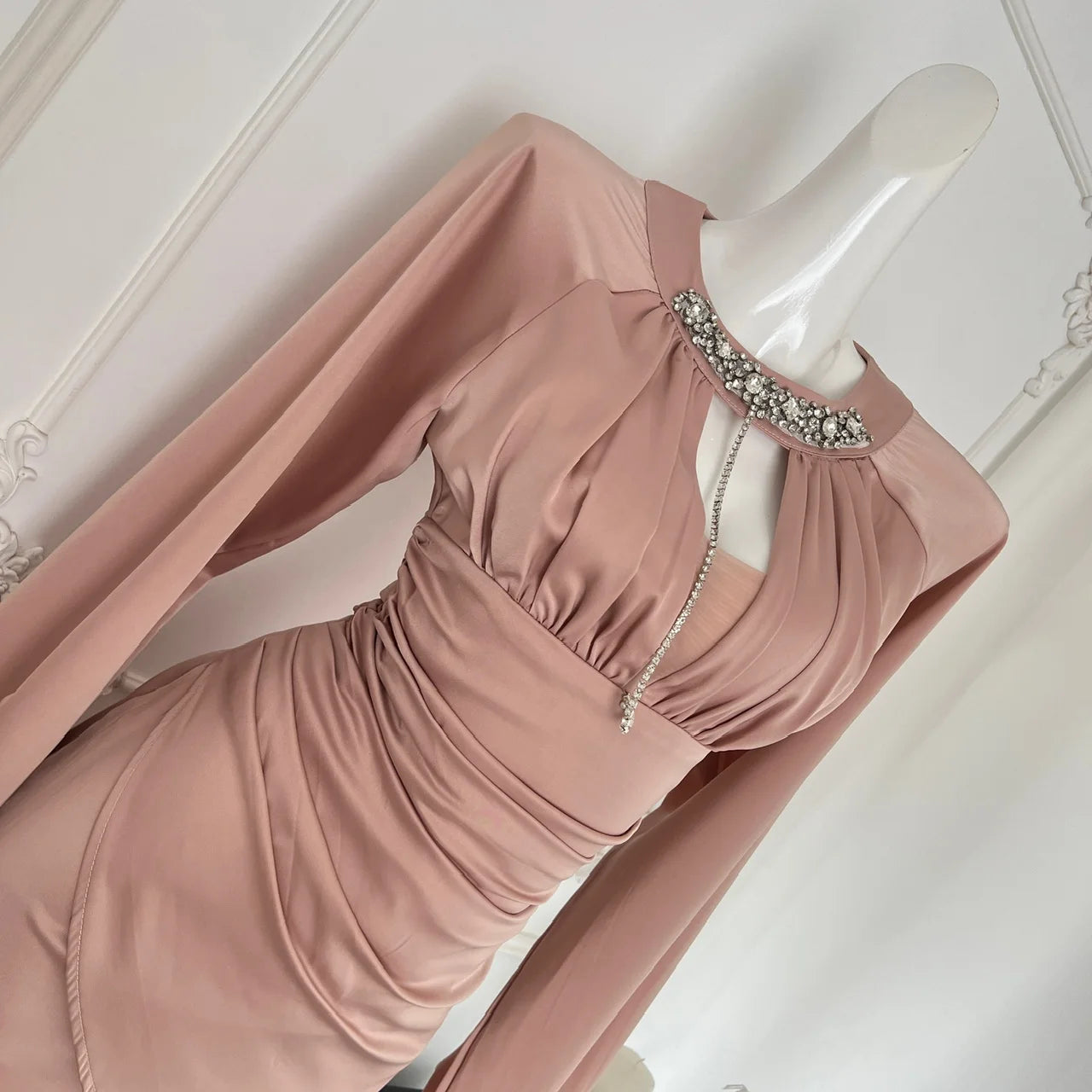 Pink Diamond Round Neck Hollow Out Mini Dress for Women - Elegant French High Waist Wrap Party Dress with Pleated Skirt | Perfect for Cocktail Parties, Date Nights & Special Occasions